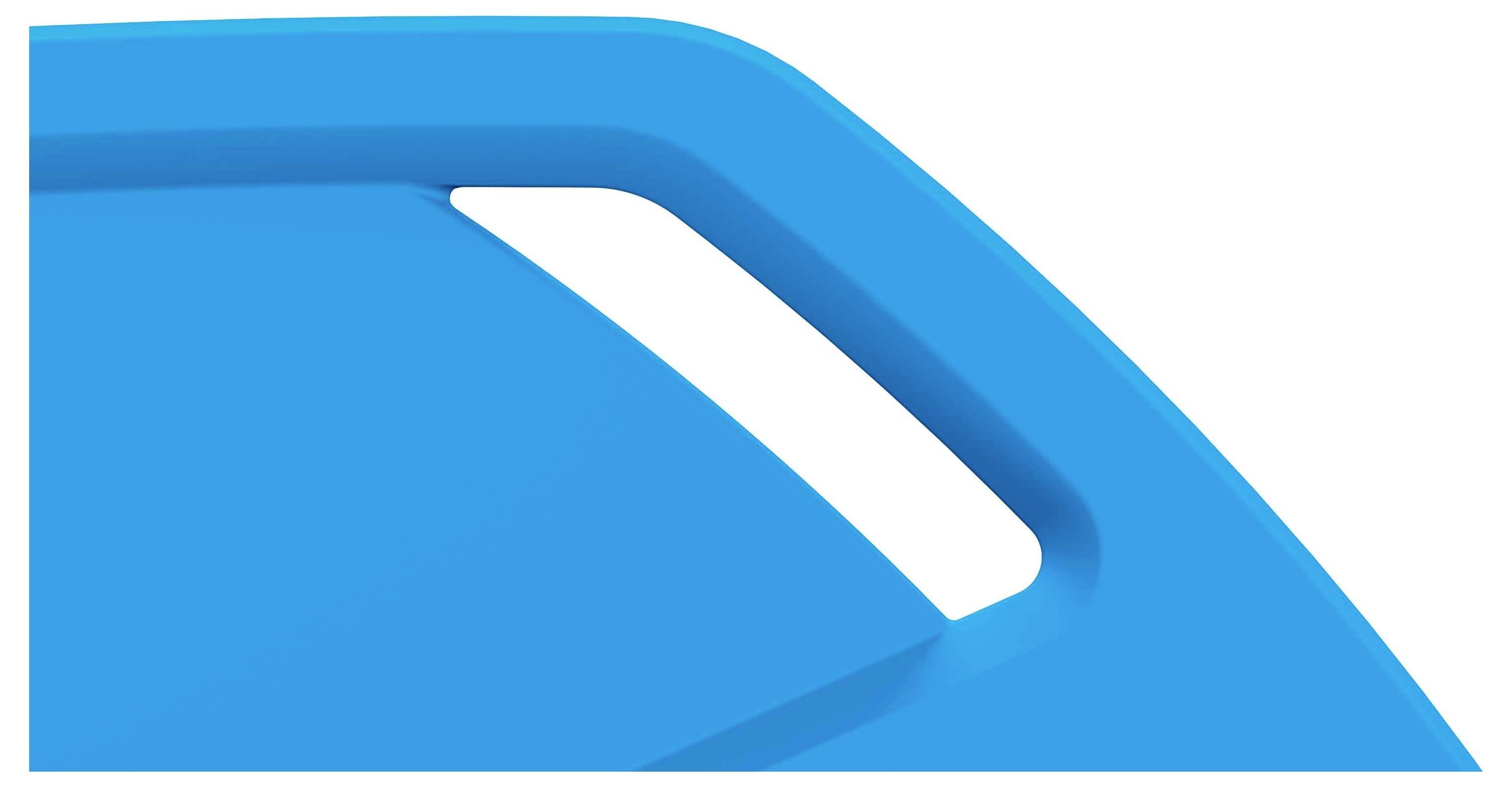 A blue, rounded section of design, likely part of a logo or graphic, with a white cut-out for decorative purposes.