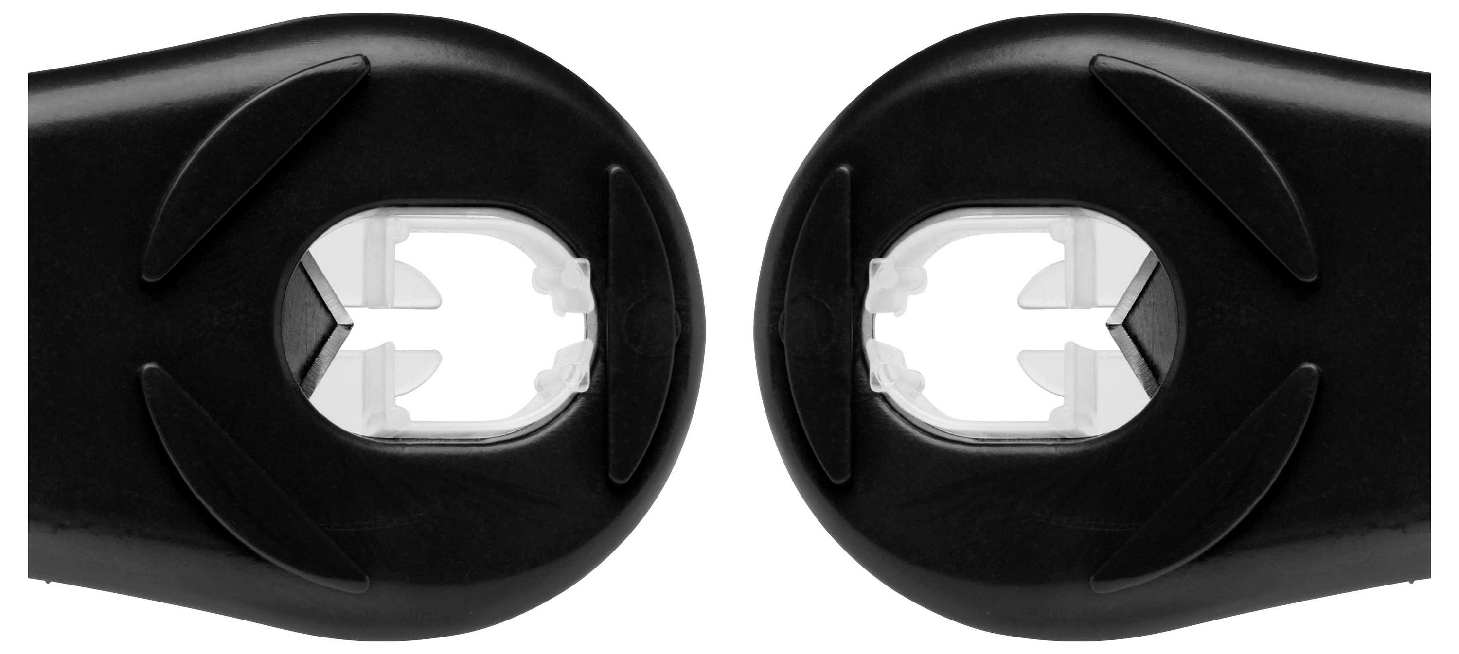 Two black plastic handles with circular cut-outs in the centre, symmetrically aligned with each other.