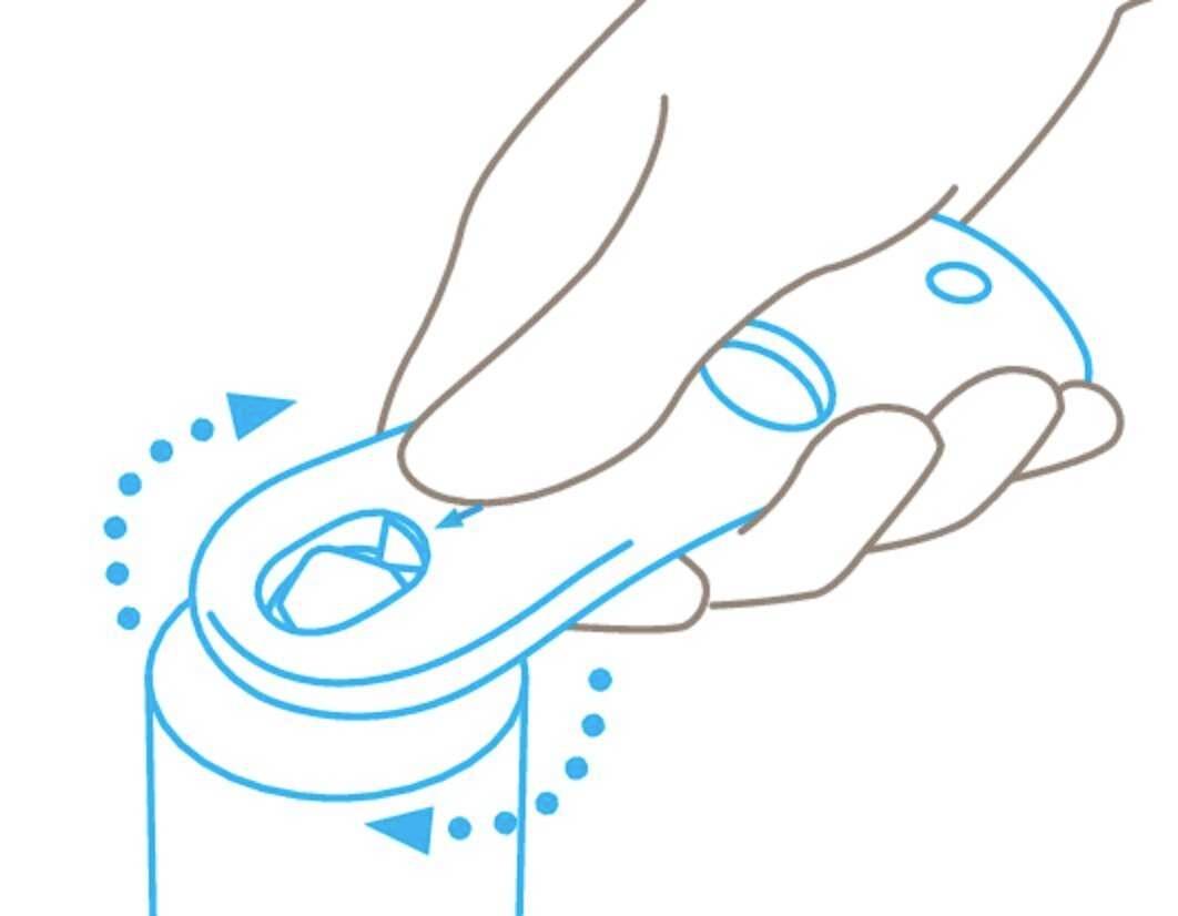 A hand is using a bottle opener to remove a bottle cap. Arrows indicate the direction of rotational movement.
