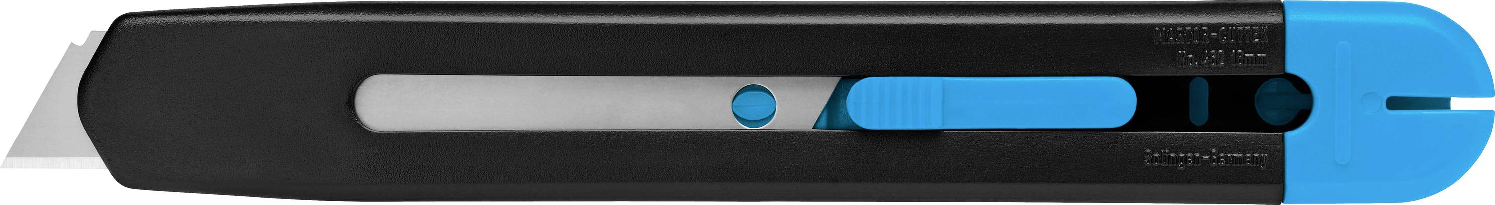 Black cutter with blue safety cap and retractable blade. Blade partially exposed, suitable for cutting cardboard.