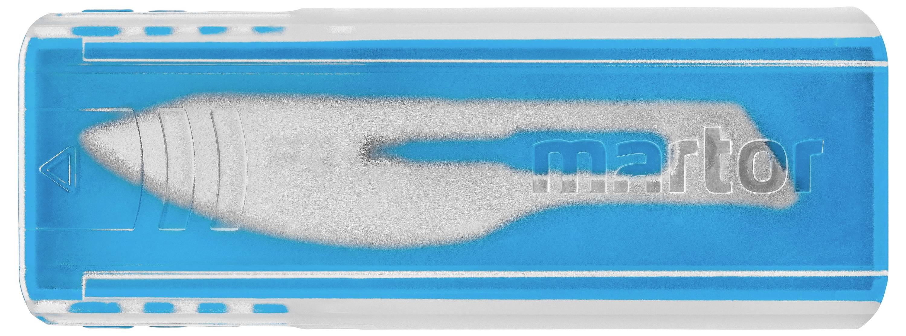 A white safety knife with a blue plastic casing. The silver blade logo and the 'martor' text are visible.