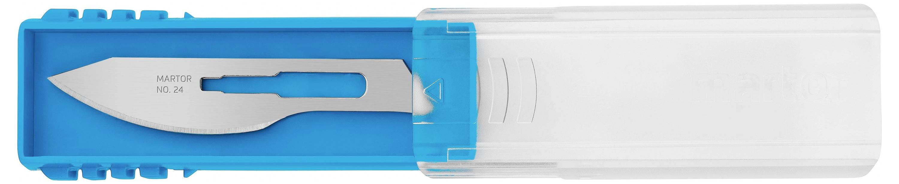 A scalpel with a silver blade and blue handle lies in a transparent case.