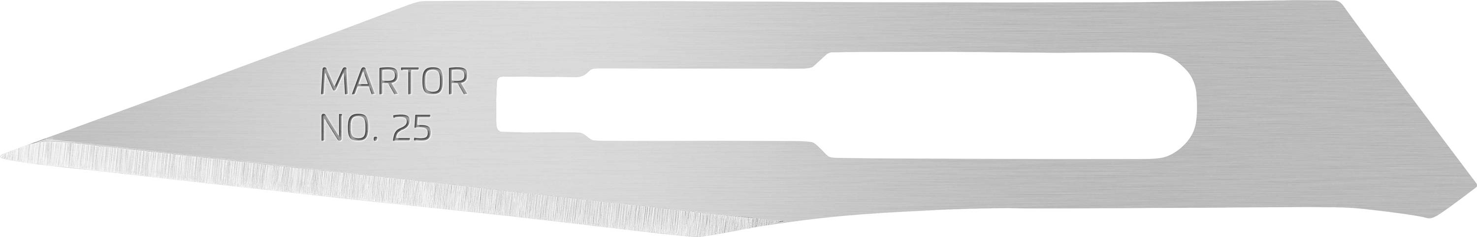 A silver scalpel blade replacement part with the engraving 'MARTOR NO. 25', shows a sharp edge and an aperture for attachment.