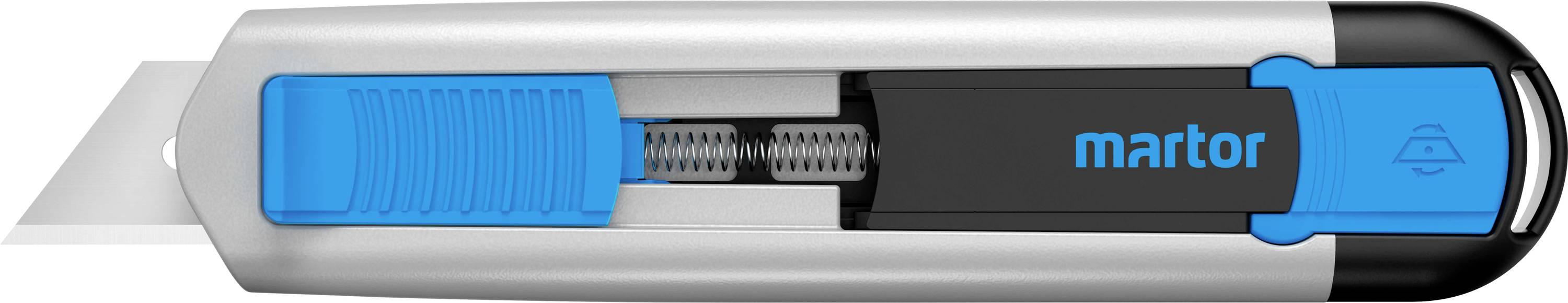A safety cutter with a blue slider and visible blade on the left side, brand name on the black handle section.