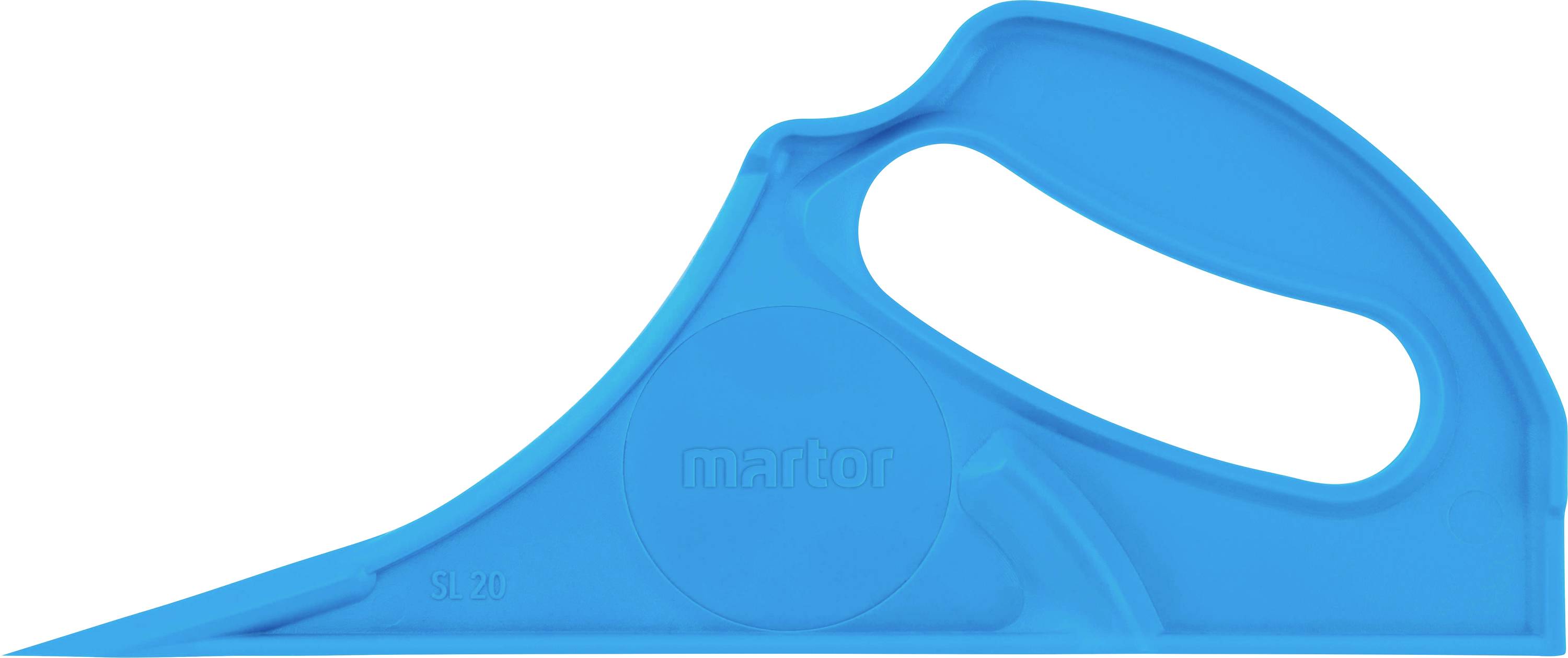 A blue safety knife with an ergonomic handle. Manufactured by Martor. Ideal for safely cutting materials.