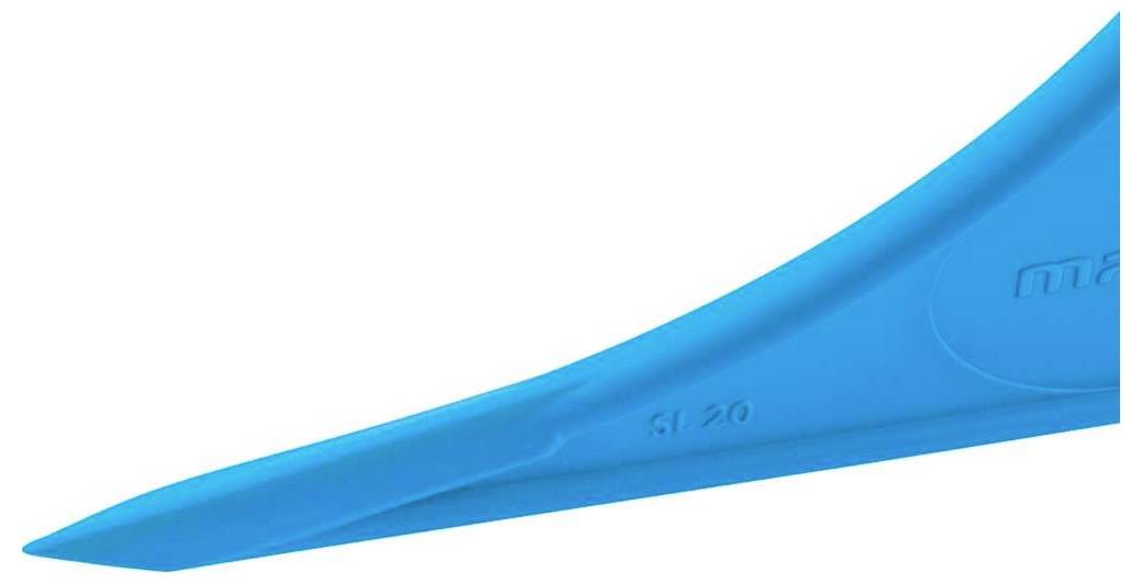 A part of a blue structural component, possibly made of plastic, with a smooth, tapering shape and the inscription '61 20'.