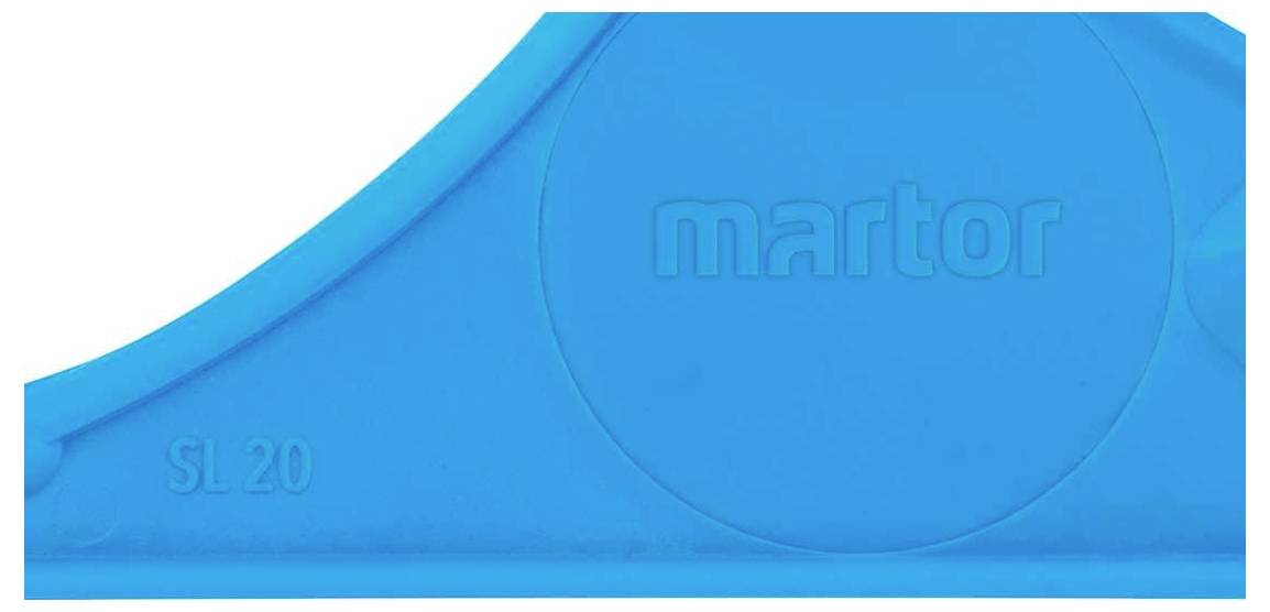 Blue plastic part with the inscription 'martor' in the centre and 'SL 20' in the corner.
