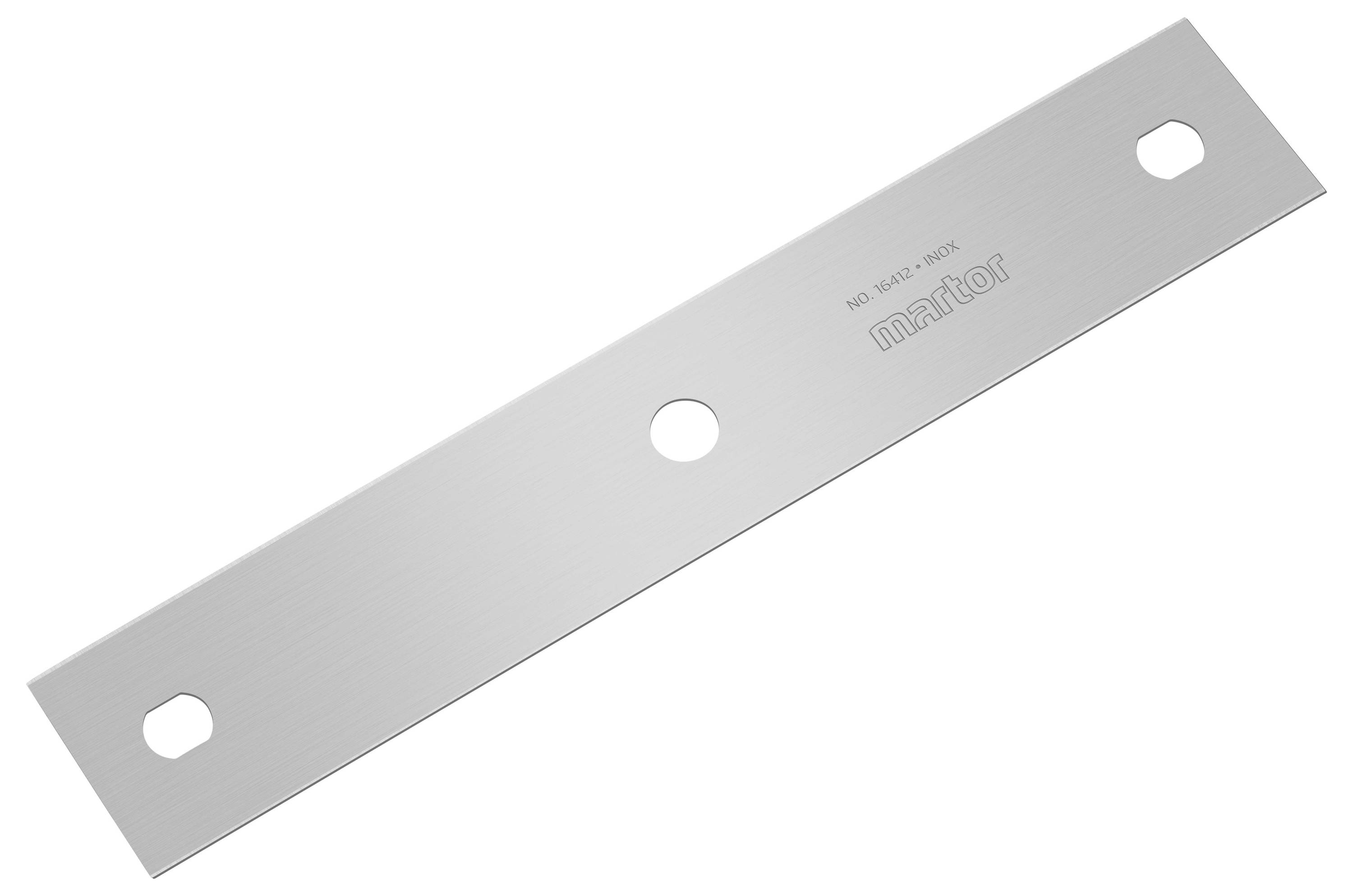 Long, silver-coloured interchangeable blade with rounded corners and three mounting holes.