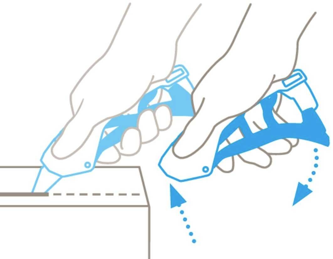Two hands demonstrate how to correctly open a cardboard box with a knife. Arrows illustrate the cutting motion.