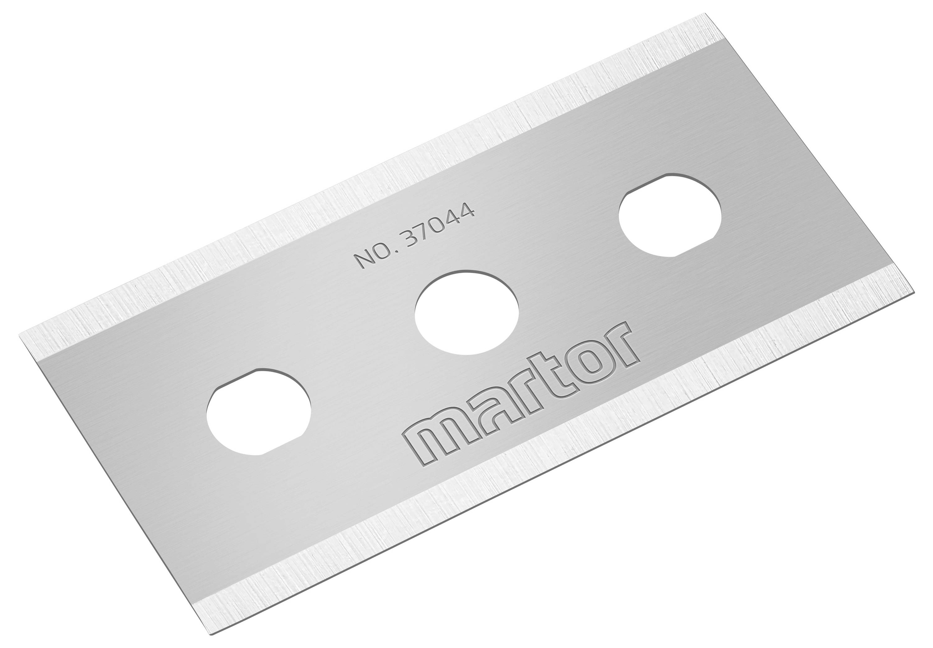 Metal blade with the inscription 'martor' and the number '37044'. It has three holes in the centre.