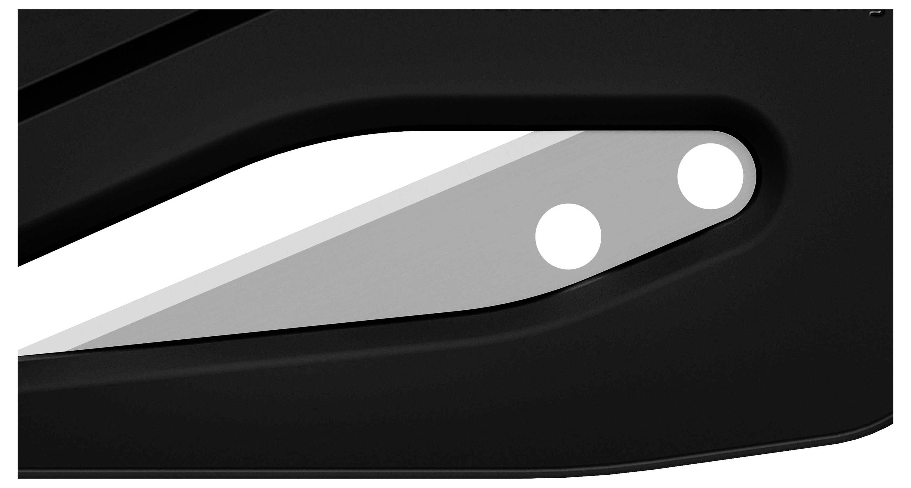 Black and silver geometric shape with rounded edges and two white dots on the right side.