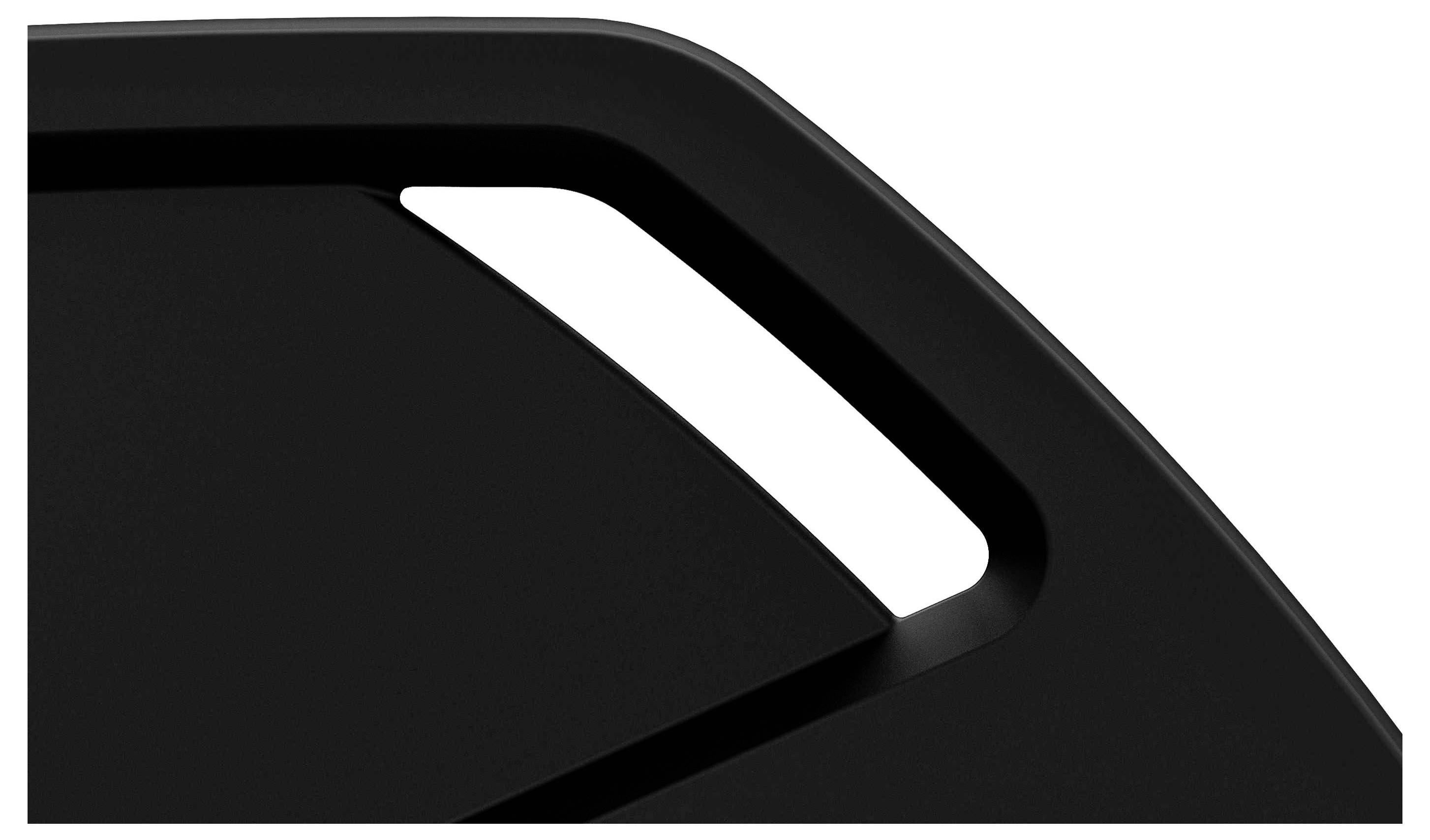 An abstract black form design with a white, elongated cut-out in the top right corner.