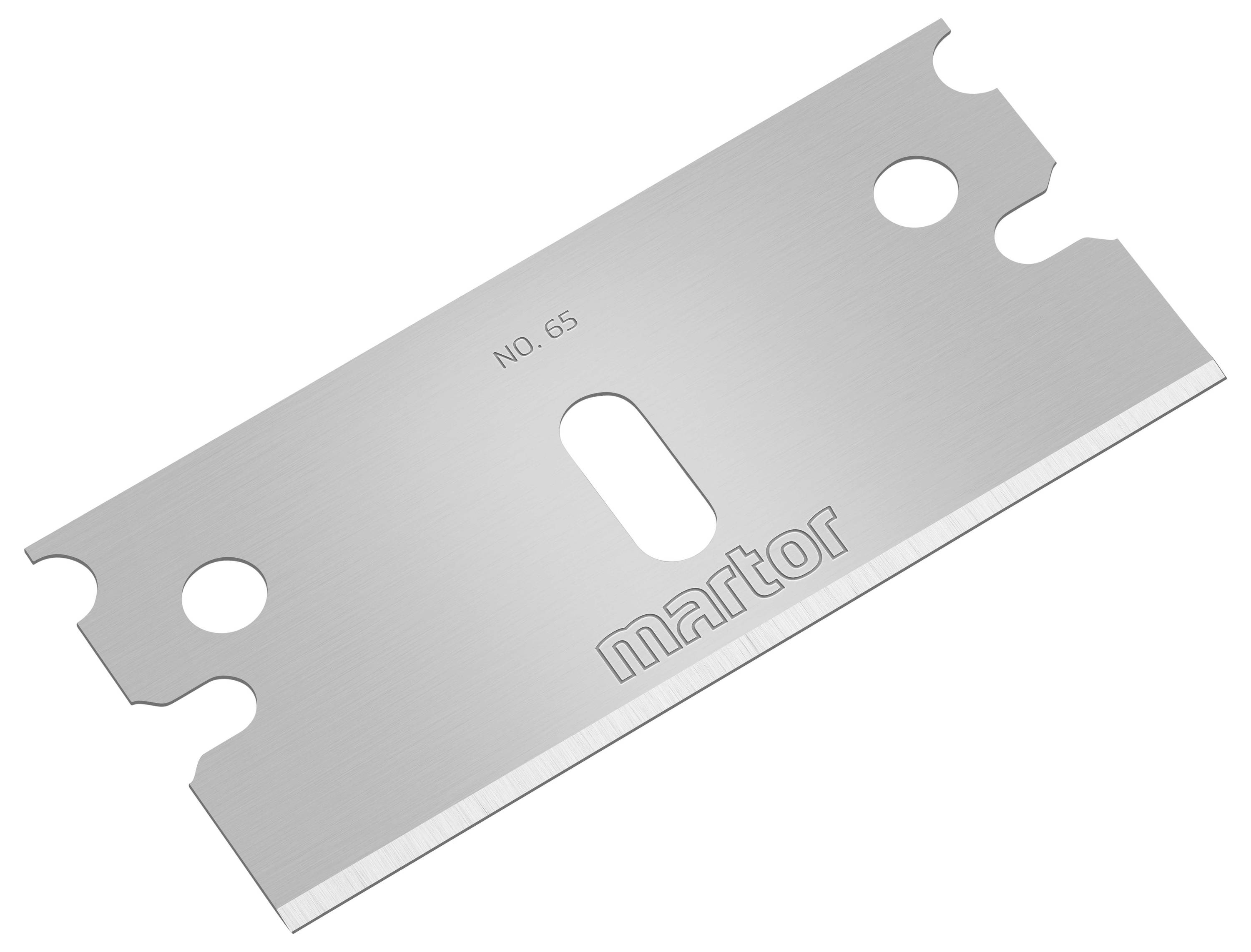 A silver razor blade-like spare part by the brand Martor with the inscription 'No. 65'.