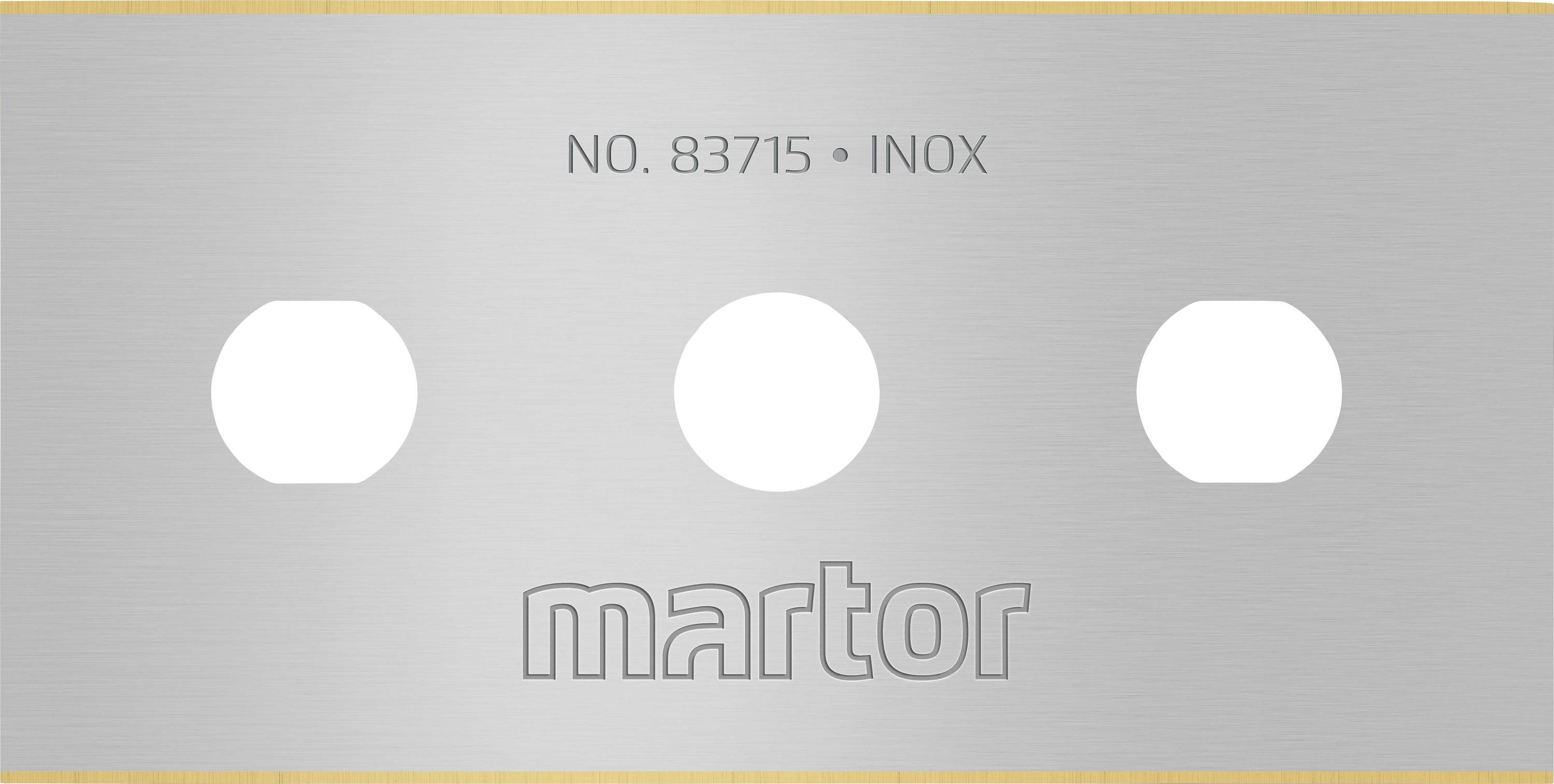 A rectangular, silver blade label made of stainless steel with the inscription 'NO. 83715 • INOX' and the brand name 'martor'.