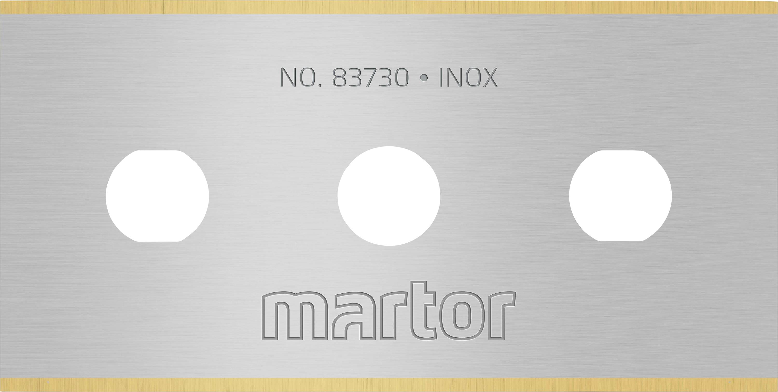 Blade view with the inscription 'NO. 83730 • INOX' and the 'martor' logo. Three oval recesses visible on the blade.