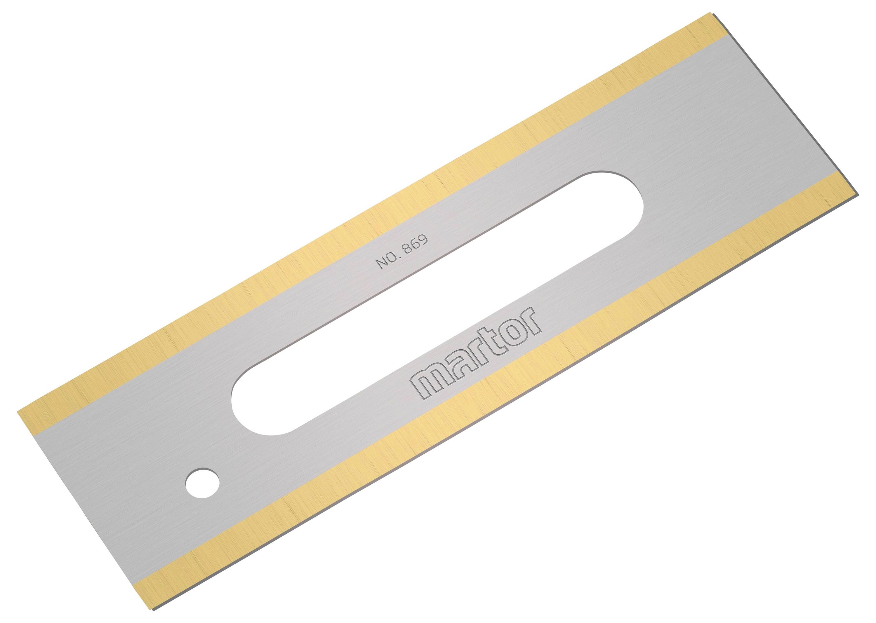 A silver-coloured blade knife with yellowish edges and an oval cut-out in the middle, inscribed with 'martor No.869'.