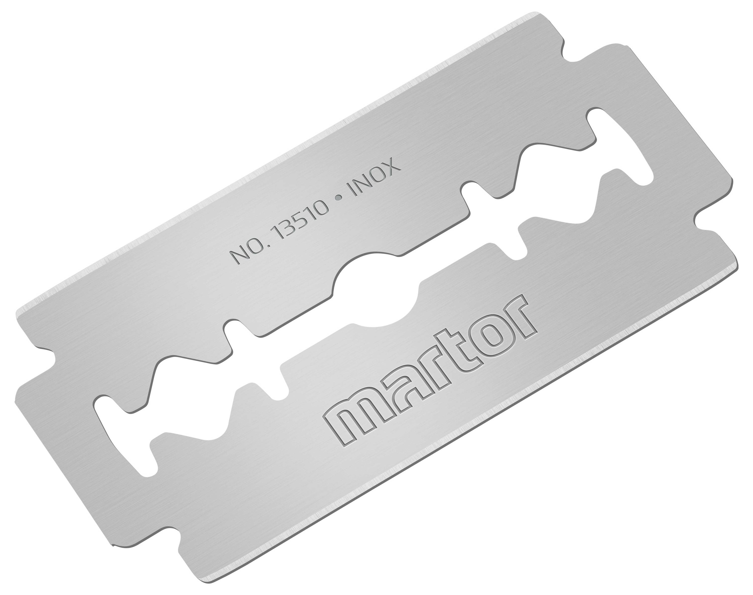 Stainless steel razor blade with the inscription 'No. 13510 INOX Martor', suitable for precise cuts in various materials.