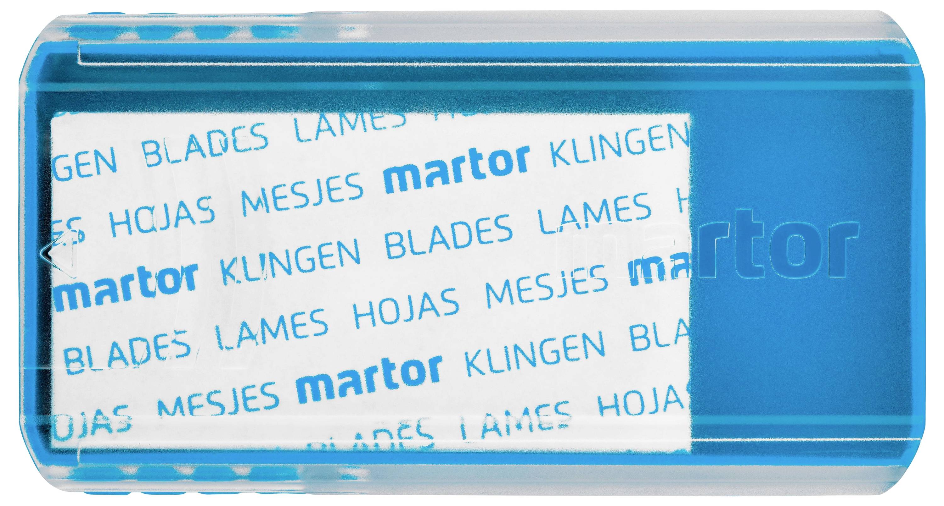 A rectangular blue plastic container with a transparent front displays replacement blades wrapped in white paper.