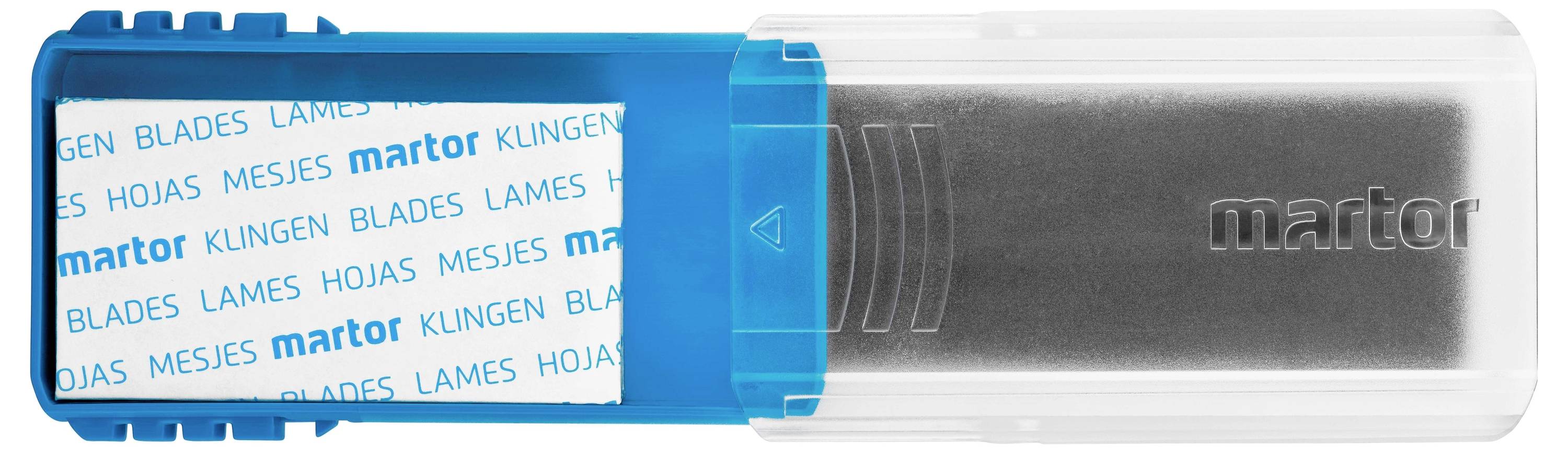 Blue plastic case with Martor replacement blades and transparent lid. Text on blade packaging: 'Blades' in multiple languages.