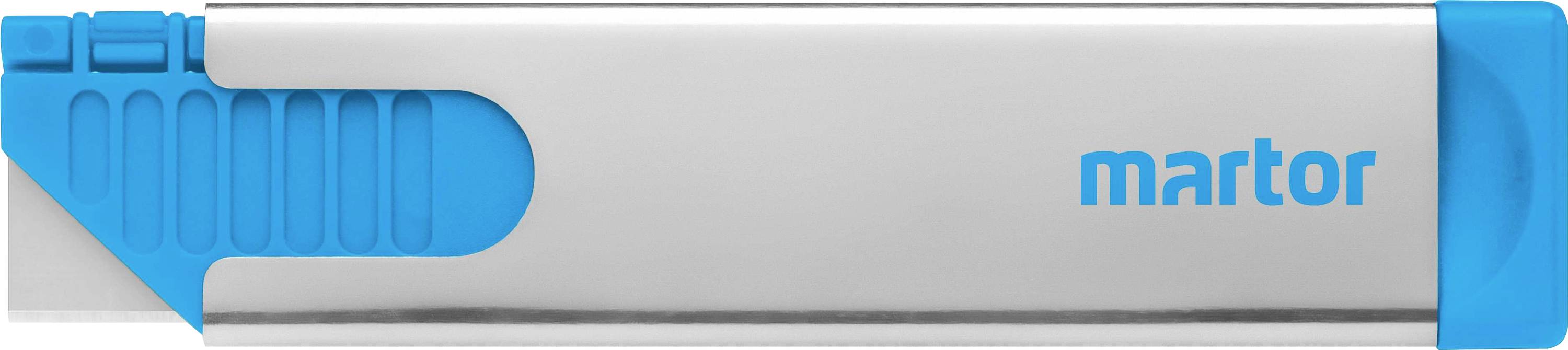 A secure snap-off blade holder with a blue handle and silver casing. The casing is marked with 'martor'.