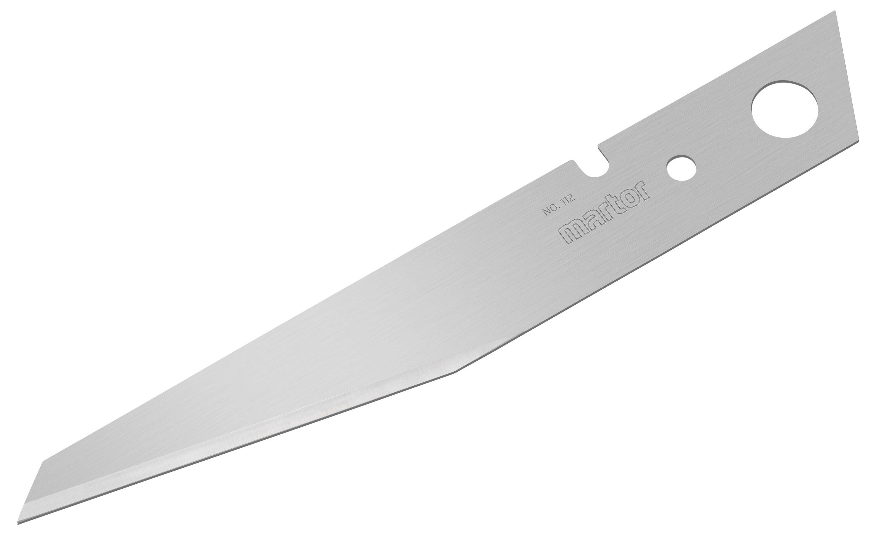 A silver replacement blade with a sharp edge and a hole, with the inscription 'martor' on it.