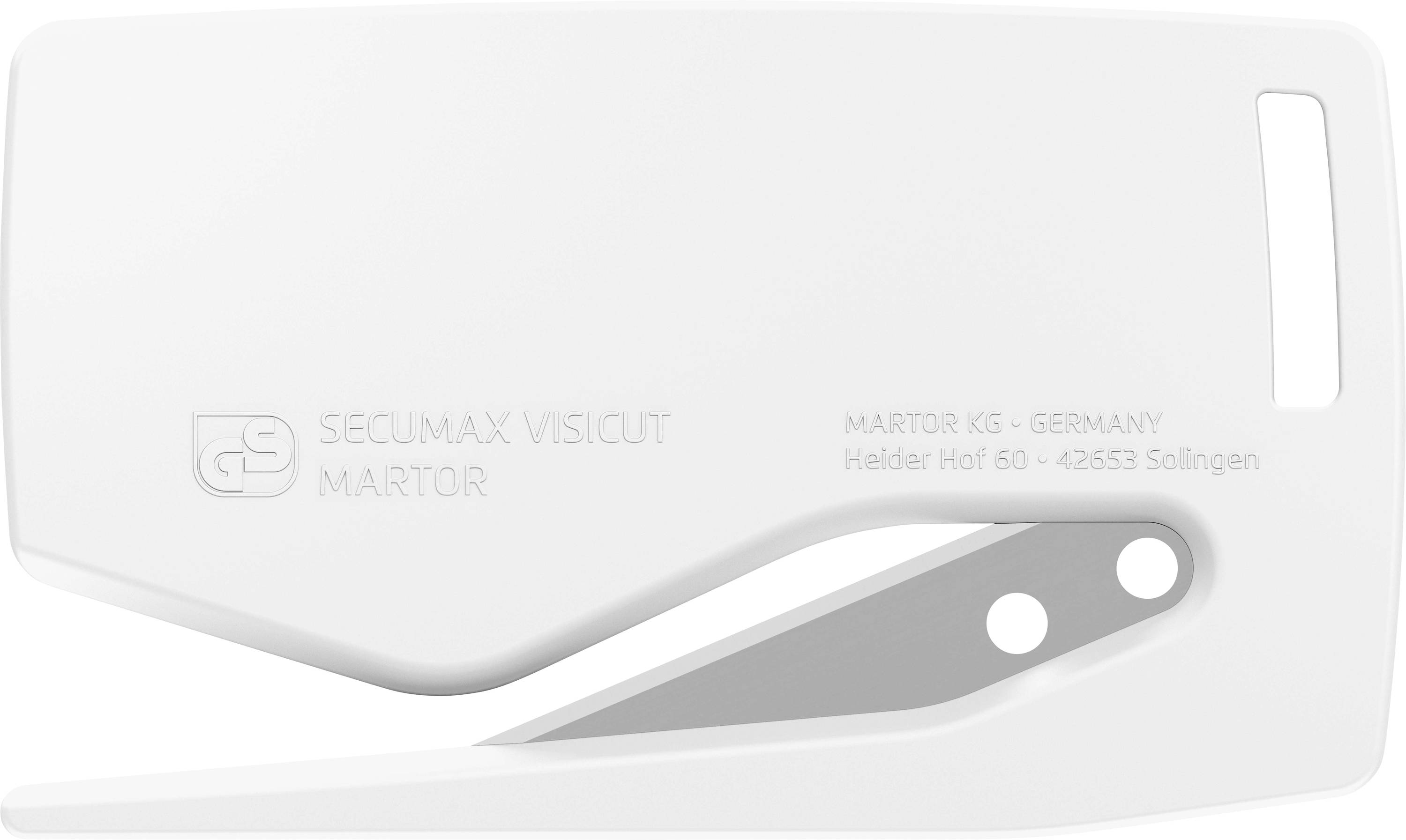 White safety knife with integrated blade guard and slot for easy cutting, manufactured in Germany.