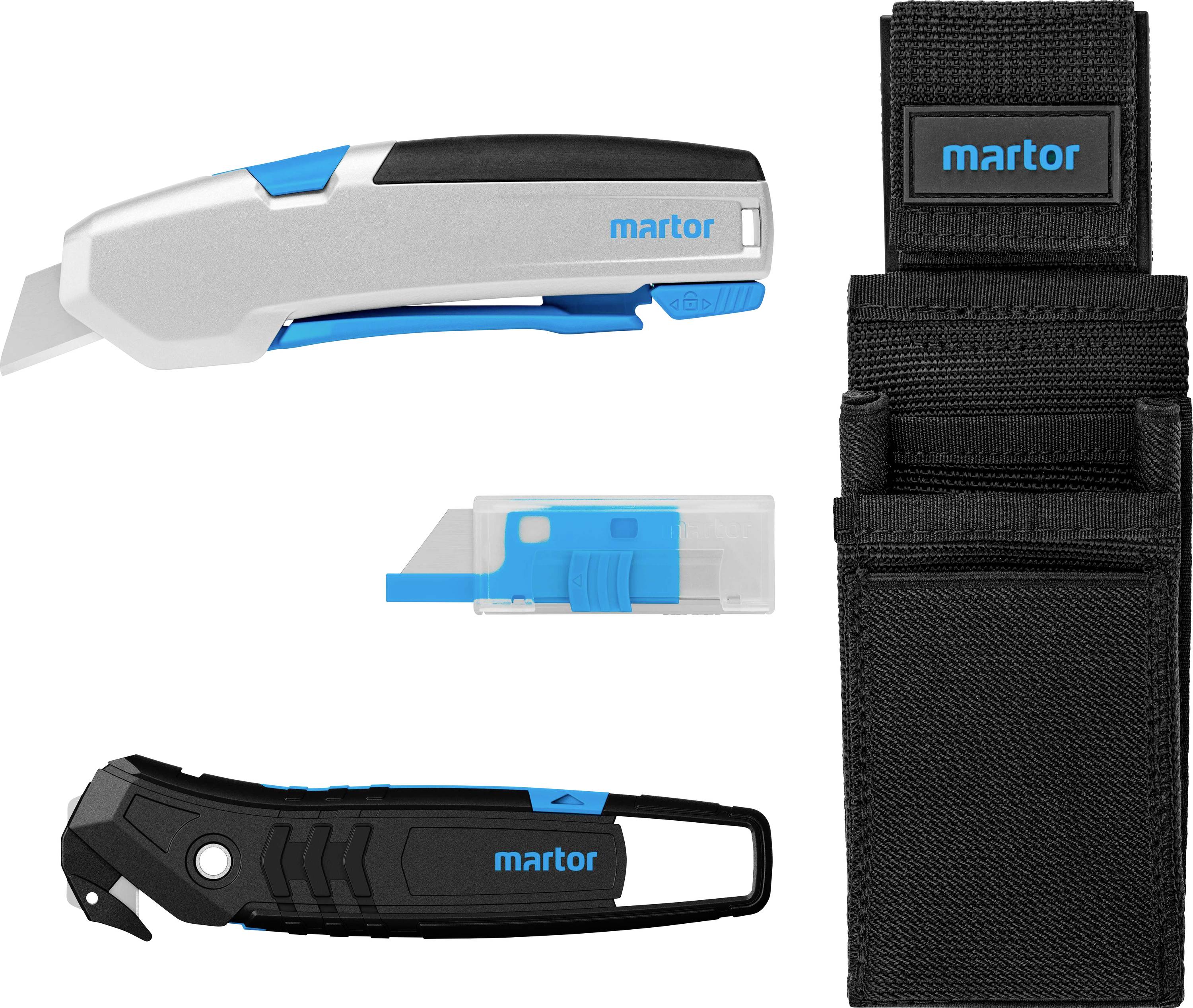 Cutting Tools and Case by Martor: A hand knife, a replacement blade, and a safety knife, each with blue accents.