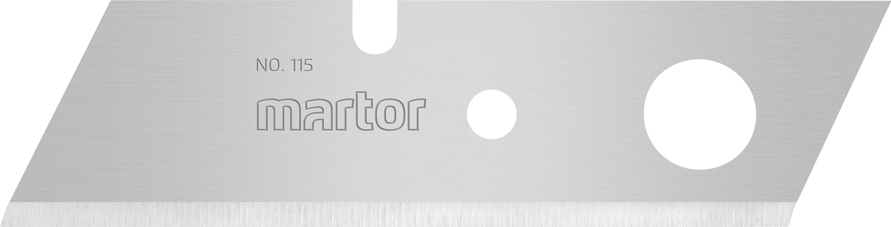 A silver replacement blade knife with the print 'NO. 115 martor', showing two fixing holes of different sizes.