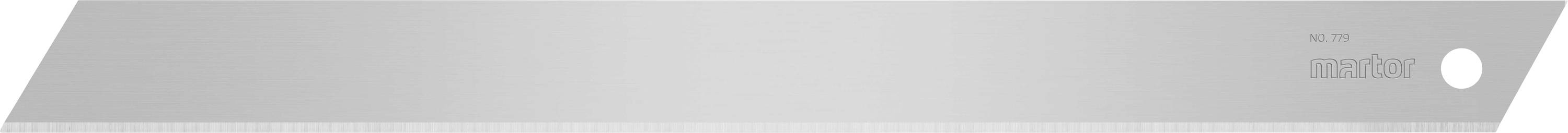 Grey, transparent cutting blade with serrated underside and hole at the end, used for precise cutting.