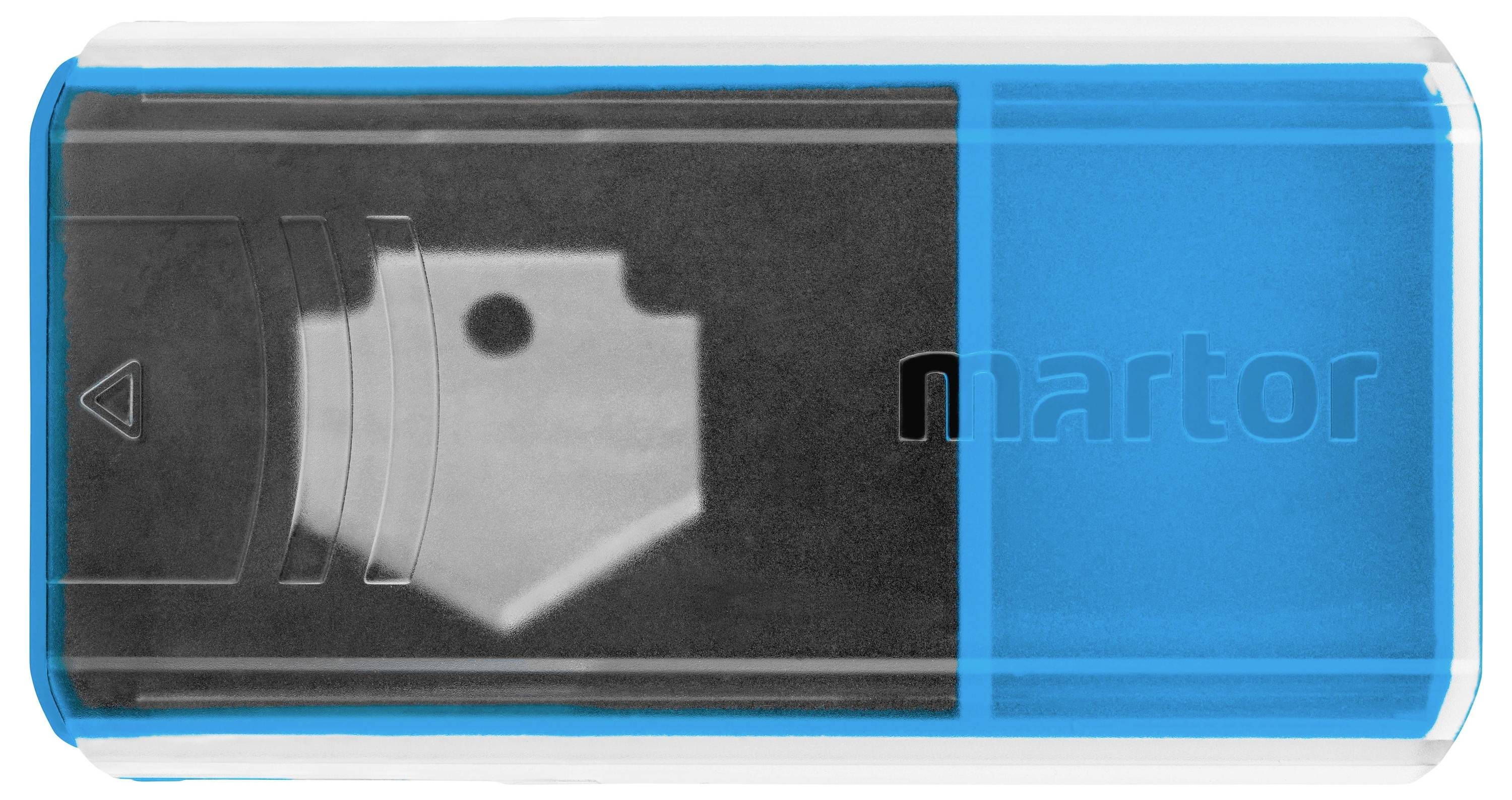 A safety knife with a blue handle and grey blade, suitable for precision cutting of packaging materials.