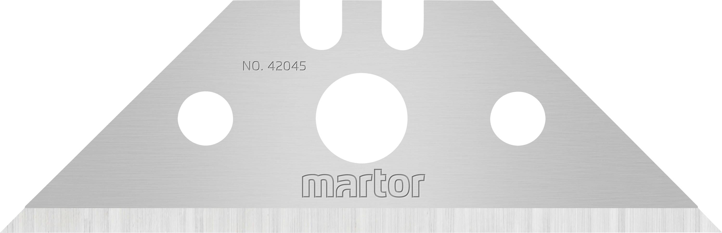 Triangular silver blade with the inscription 'martor', containing three round holes and a label 'NO. 42045'.