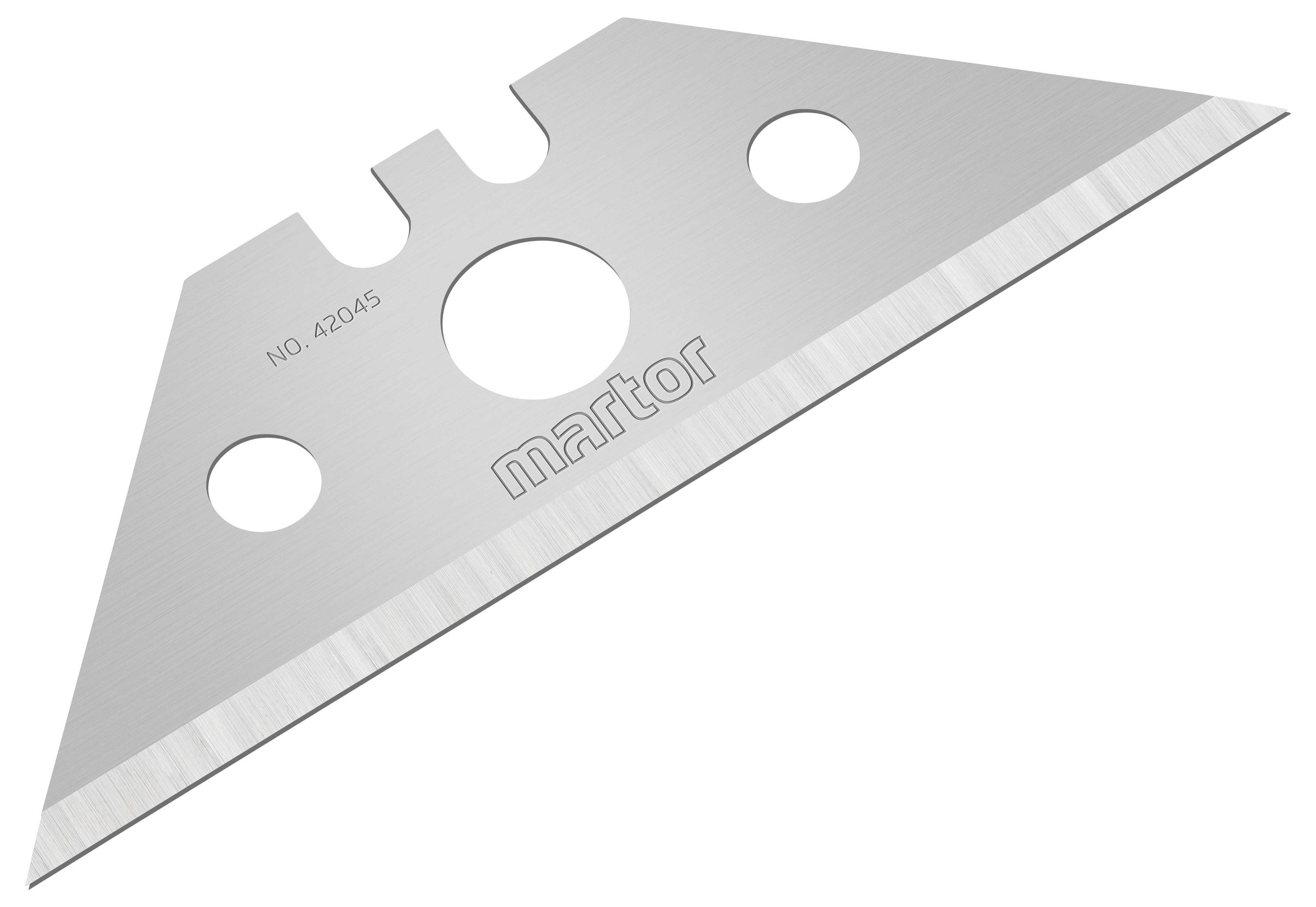 Pictured is a trapezoidal, silver blade with several round holes.