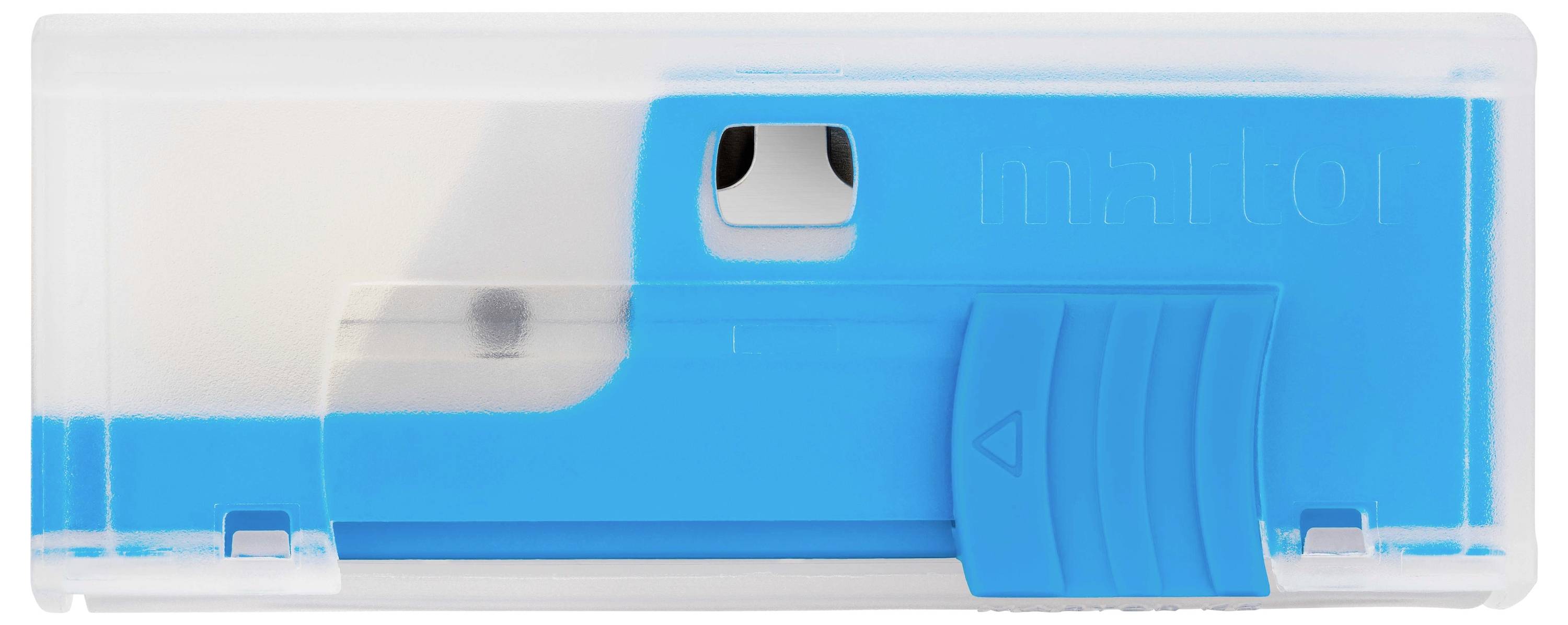 A transparent pencil sharpener with blue sliding mechanism and viewing window. Ideal for sharpening pencils of various sizes.