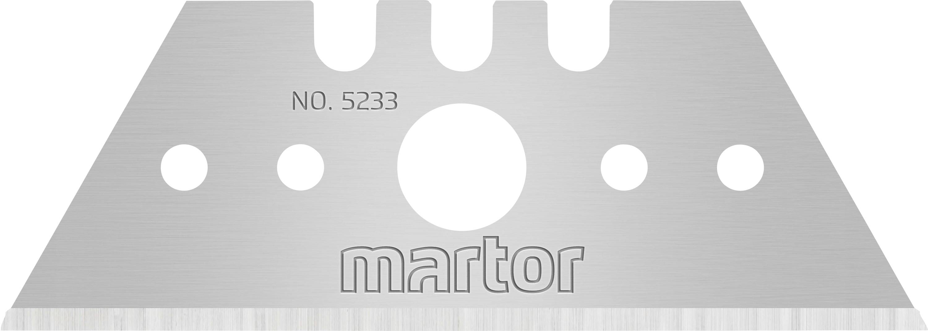 Blade photograph with the inscription 'martor' and 'NO. 5233', showing a silver trapezoidal blade with four mounting holes.