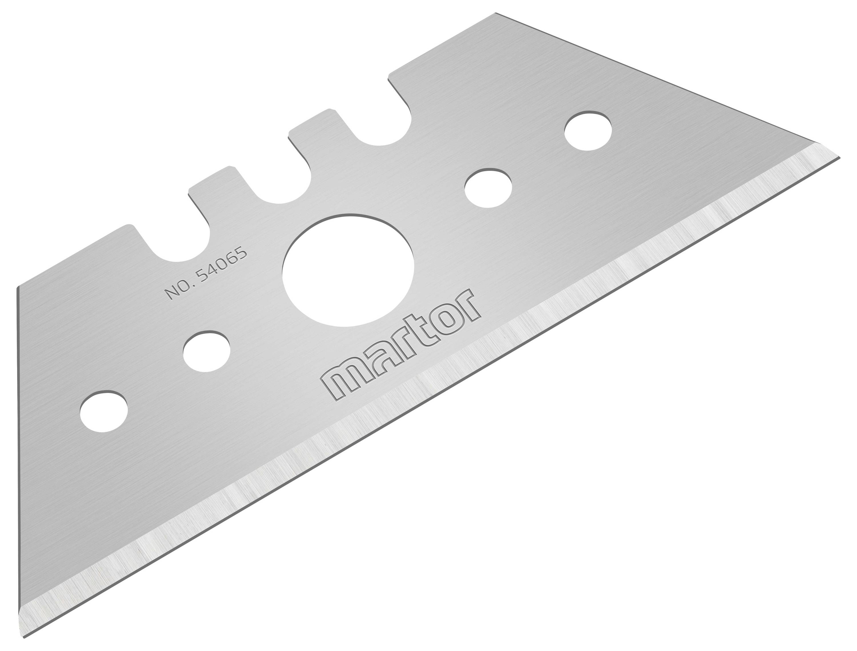 A silver replacement blade with multiple holes and a serrated top edge, marked with 'martor' and 'NO. 54065'.