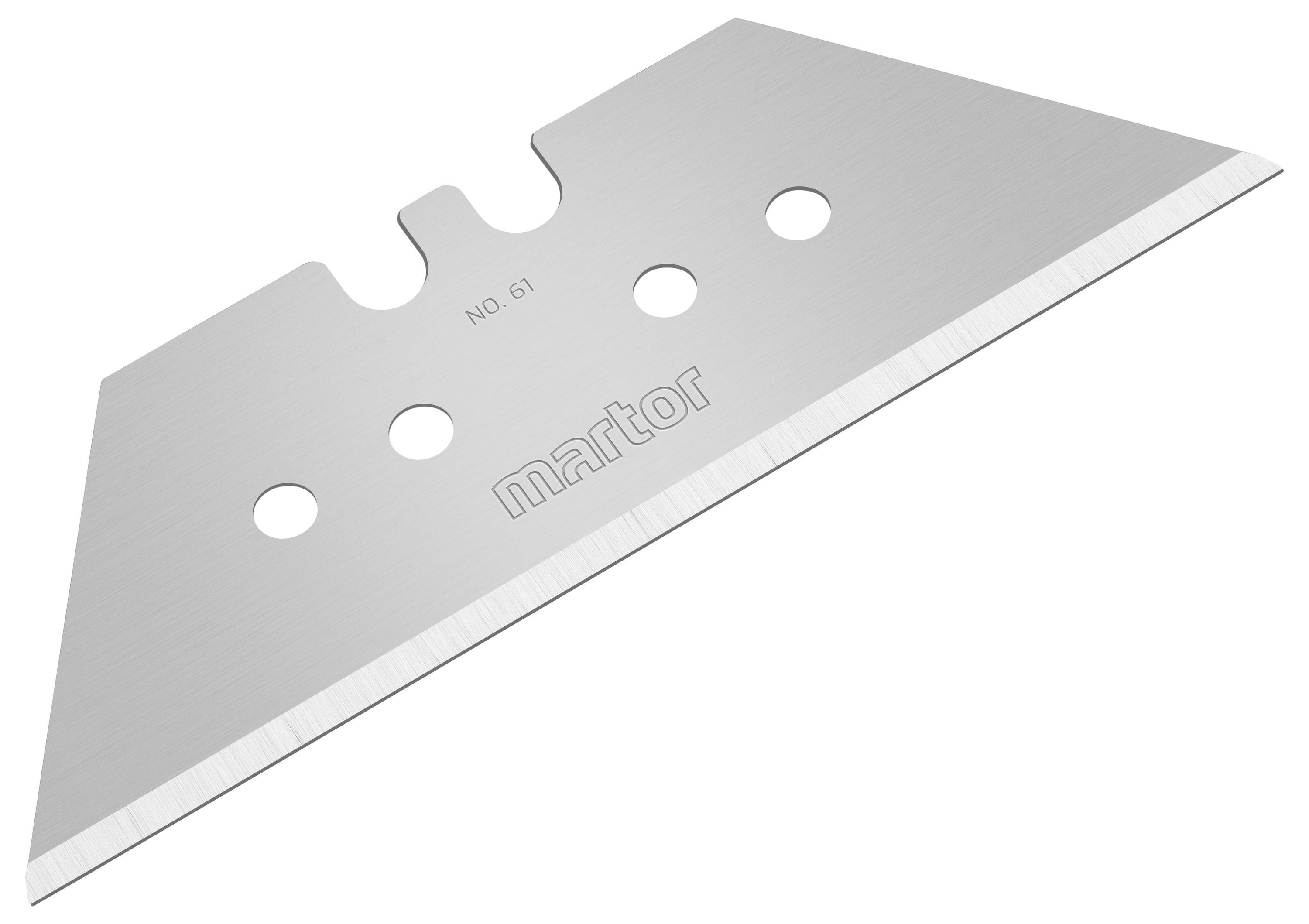 A silver, triangular replacement blade knife with three round holes and the inscription 'martor' on the front.