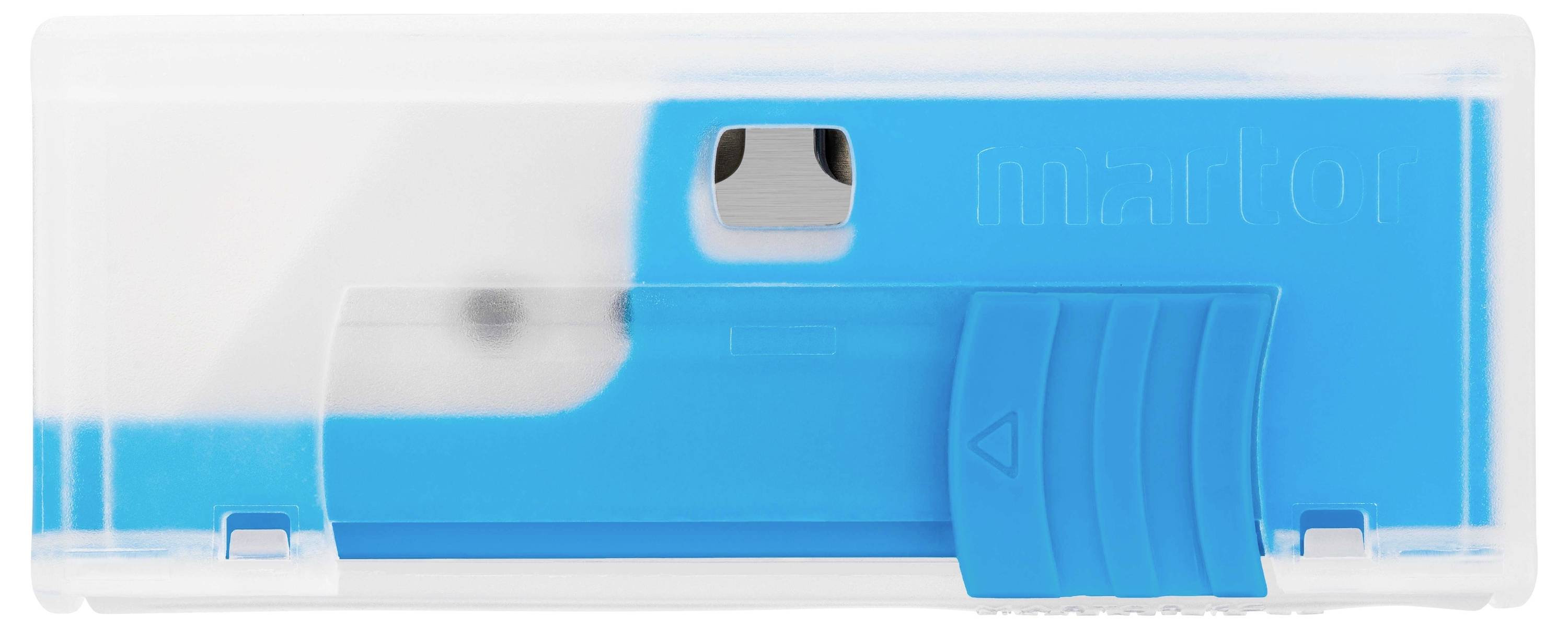Blue plastic pencil sharpener with transparent lid, visible internal silver cutting mechanism; side sliding mechanism.