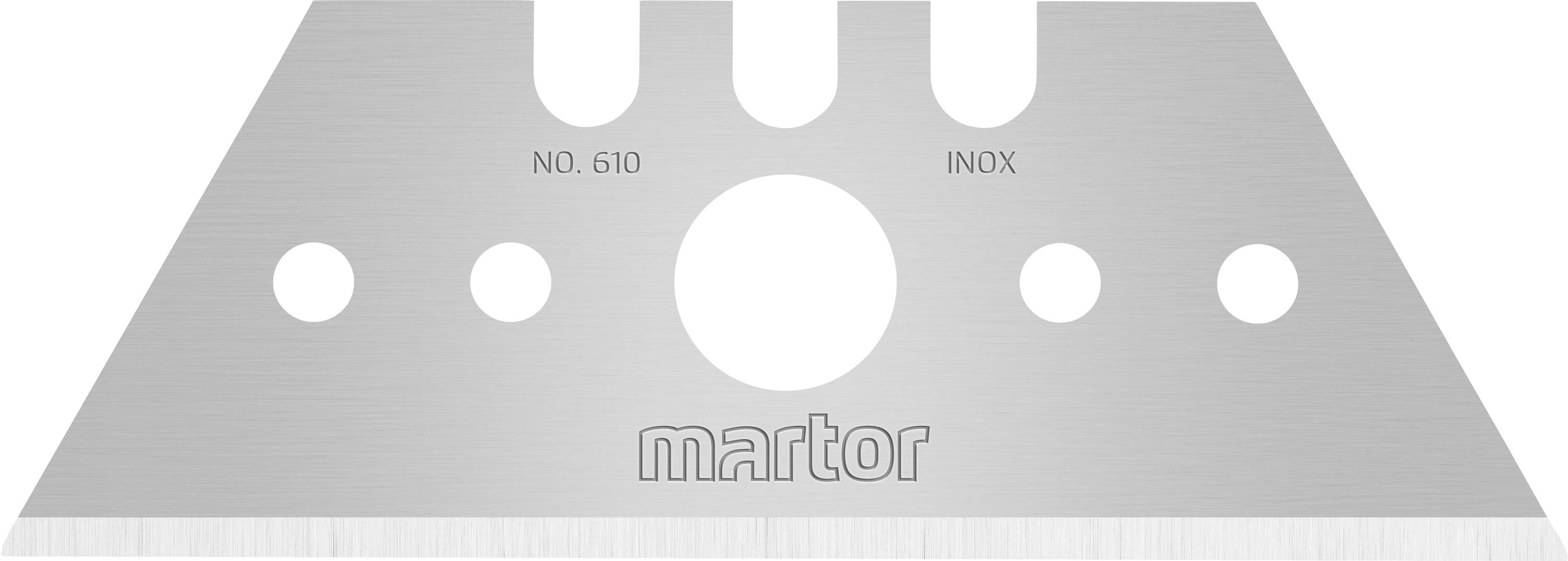 Triangular blade with five holes. Inscription 'NO. 610 INOX' and 'martor'. Silver colour.