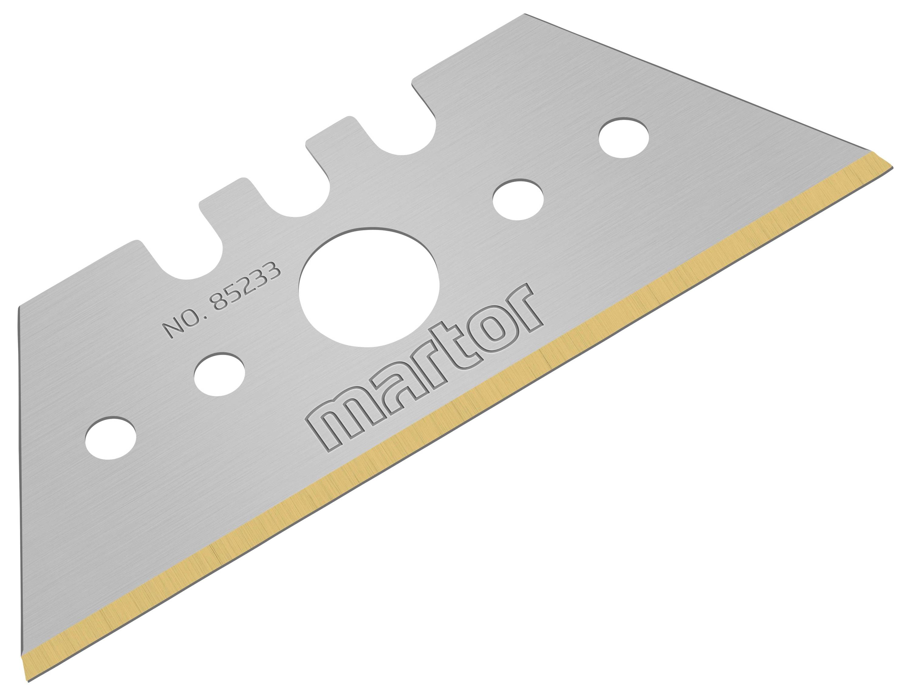 Blade with 'martor' inscription, model number 85223, silver with golden cutting edge, suitable for industrial cutting tools.<br><br>Blade with 'martor' inscription, model number 85223, silver with a gold cutting edge, suitable for industrial cutting tools.