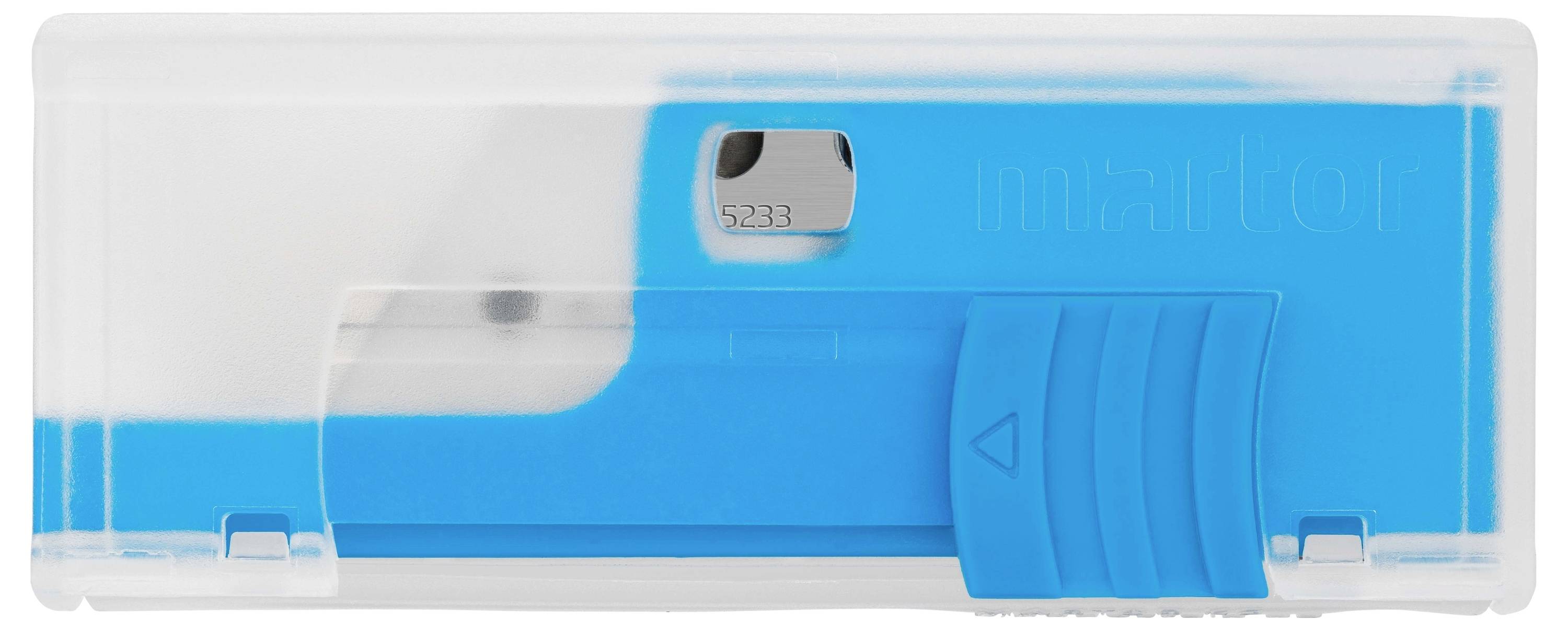 Blue and transparent pencil sharpener with metal blade and waste compartment. Ideal for precise pencil sharpening.