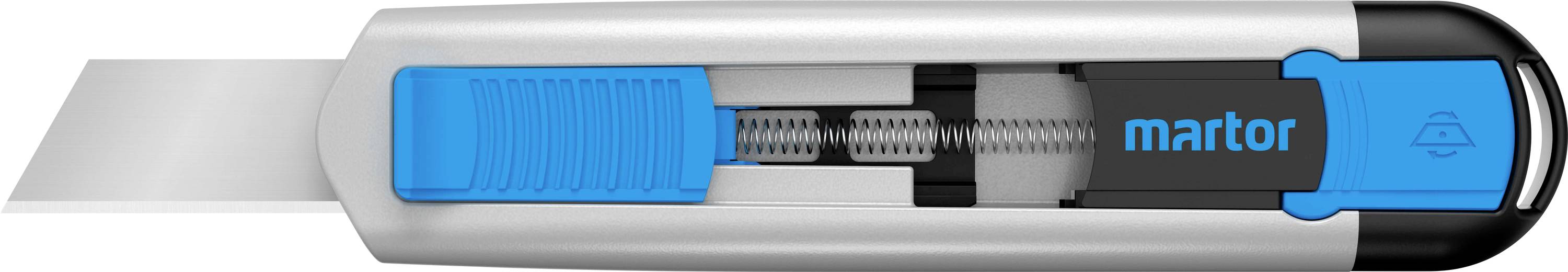 Silver-blue safety cutter with blade and 'martor' logo on black handle.