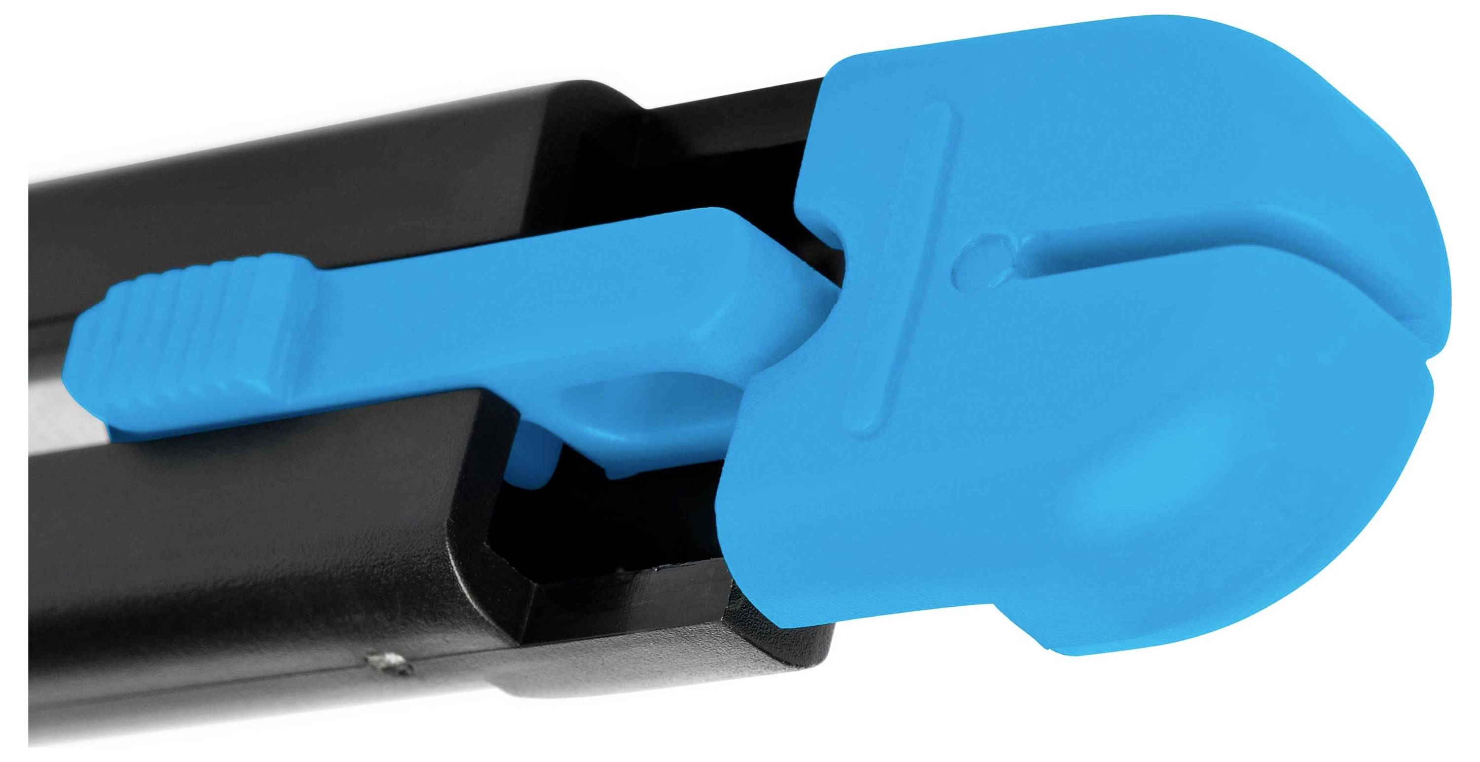 Close-up of a blue plastic cap attached to a black rectangular object.