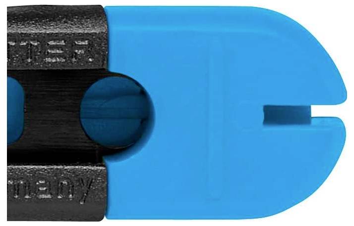 Close-up of a blue wire stripper with a black handle. Tool for stripping cable insulation.