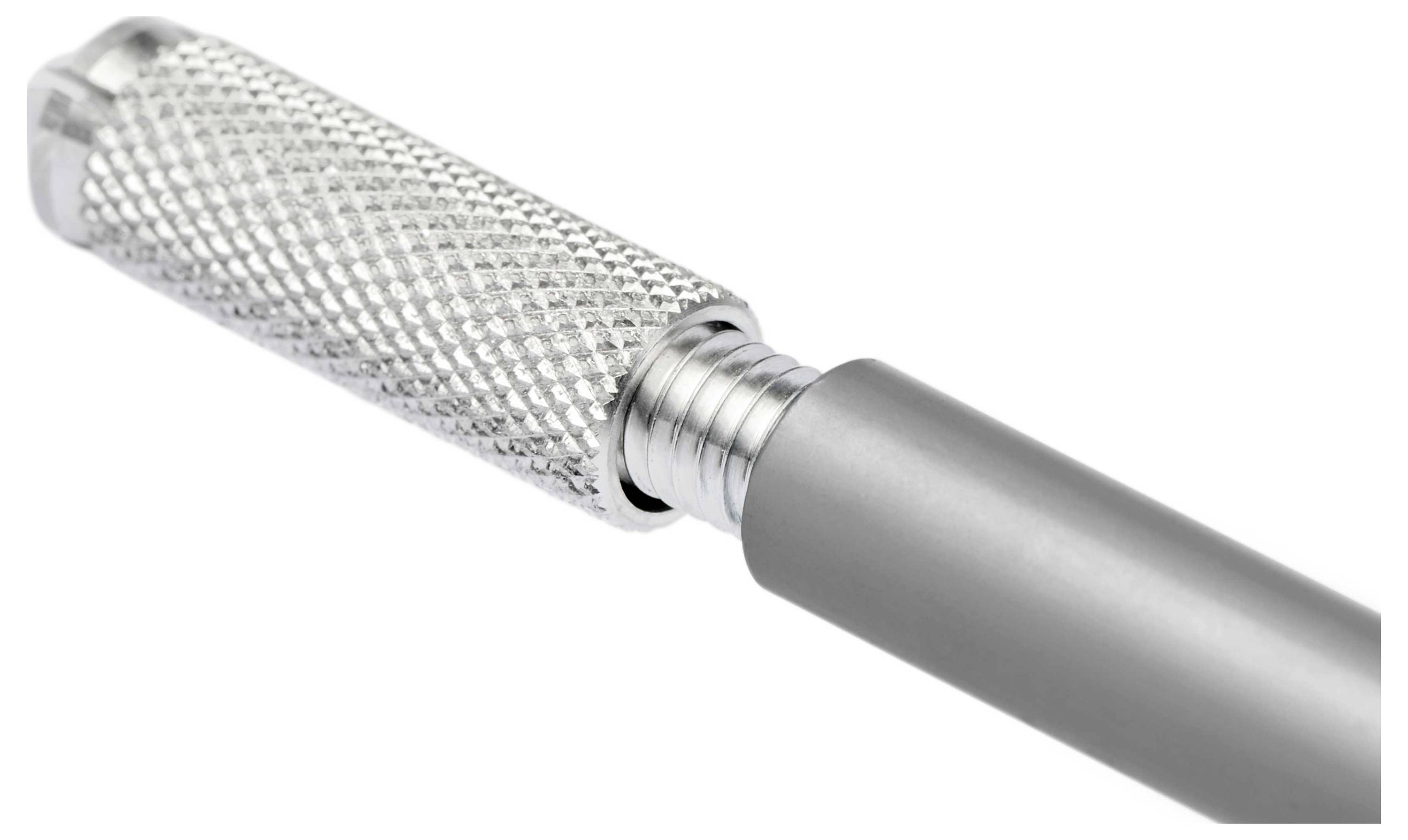 Close-up of a silver, knurled handle on a tool or device, against a white background.