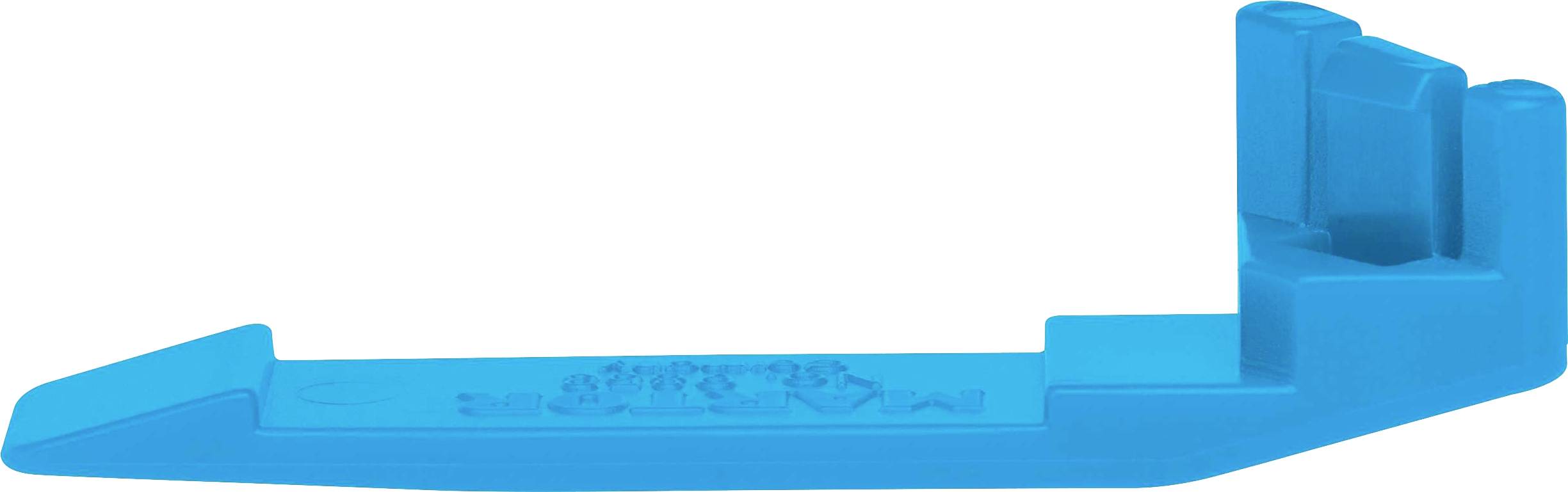 Blue plastic lever with lateral bend and flat, tapering to a point end; presumably a tool or aid.