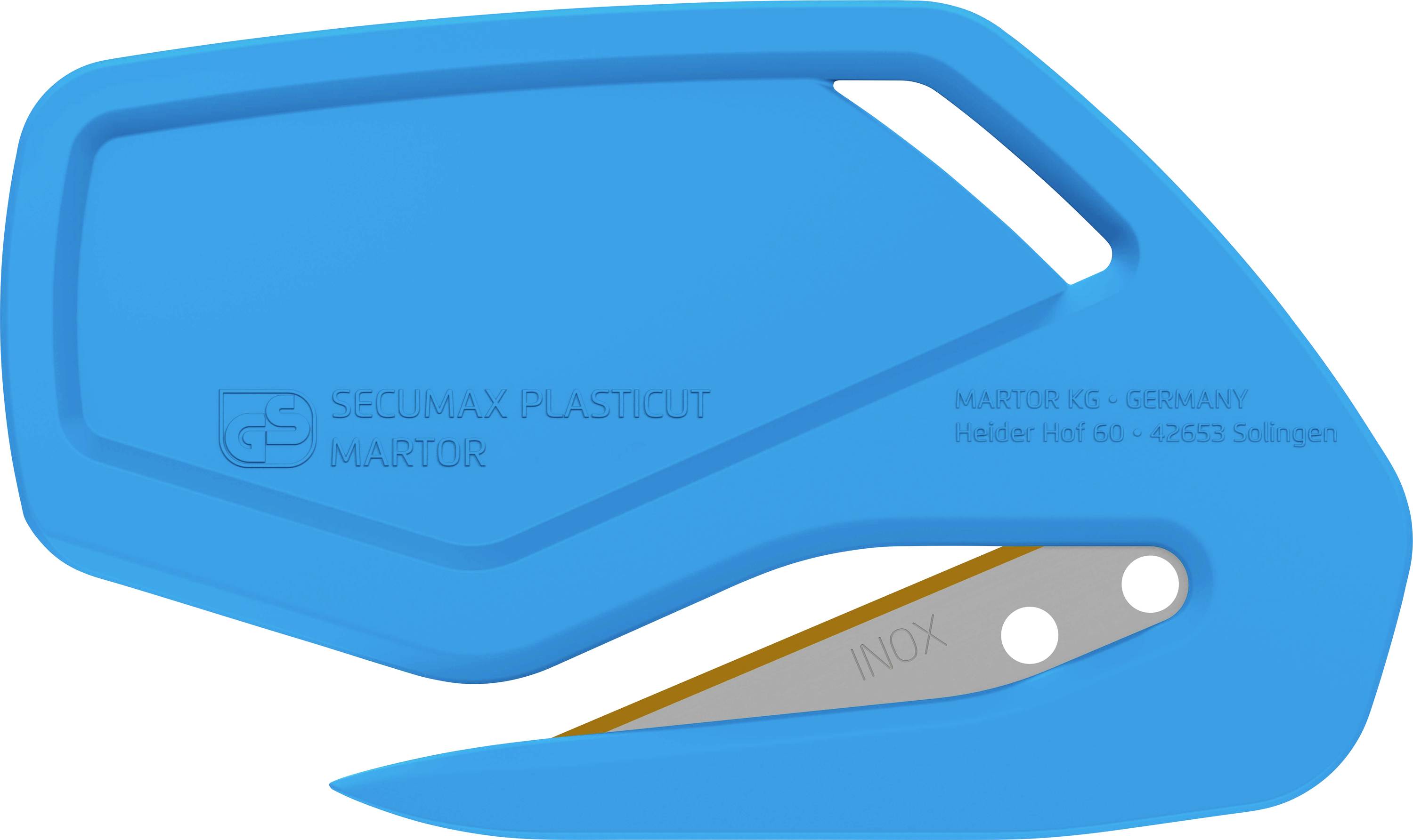 A blue safety knife with an integrated blade guard, product labelled 'SECUMAX PLASTICUT MARTOR'.