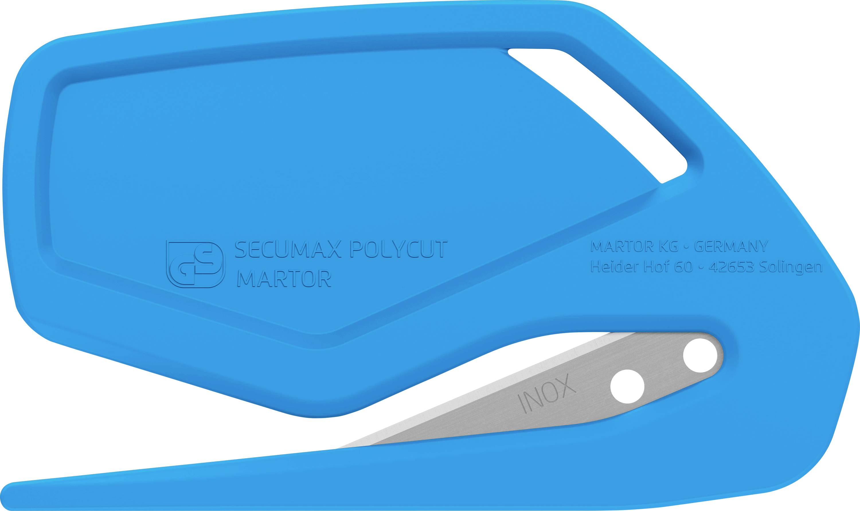 Blue safety knife with rounded edges, suitable for cutting thin materials. Text: 'SECUMAX POLYCUT MARTOR'.