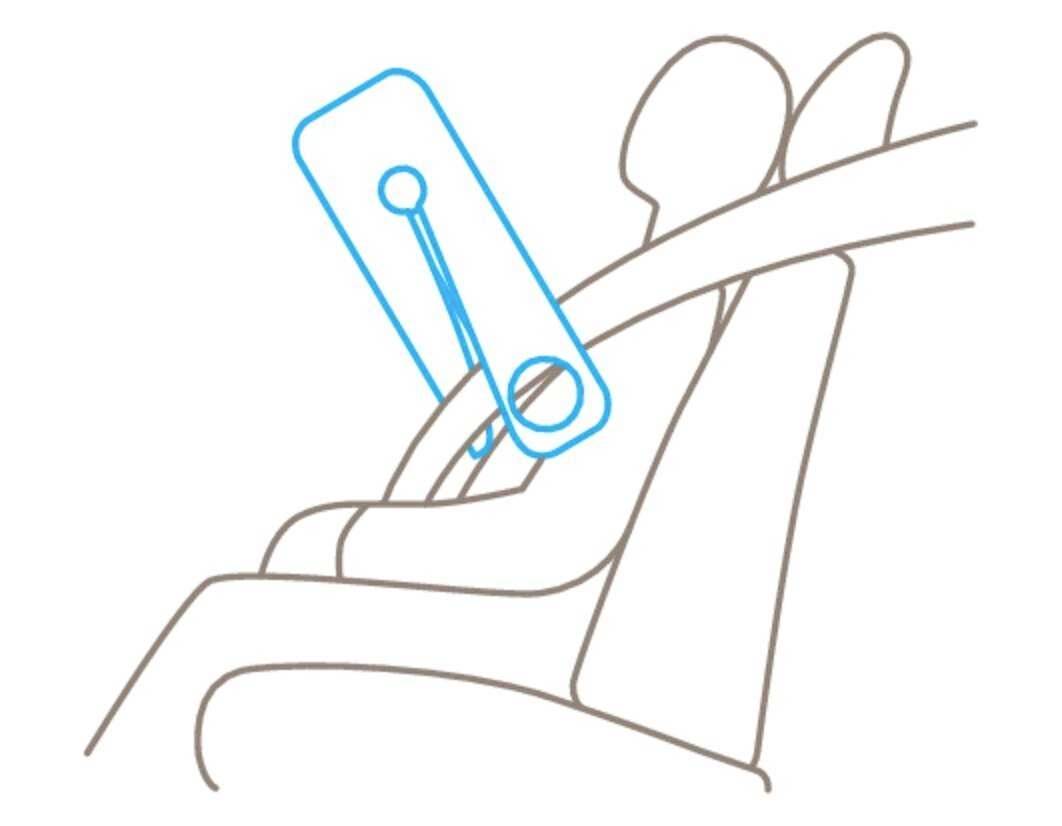 An illustration depicts a person in a car wearing a seatbelt. A blue circle highlights the position of the belt over the shoulder.