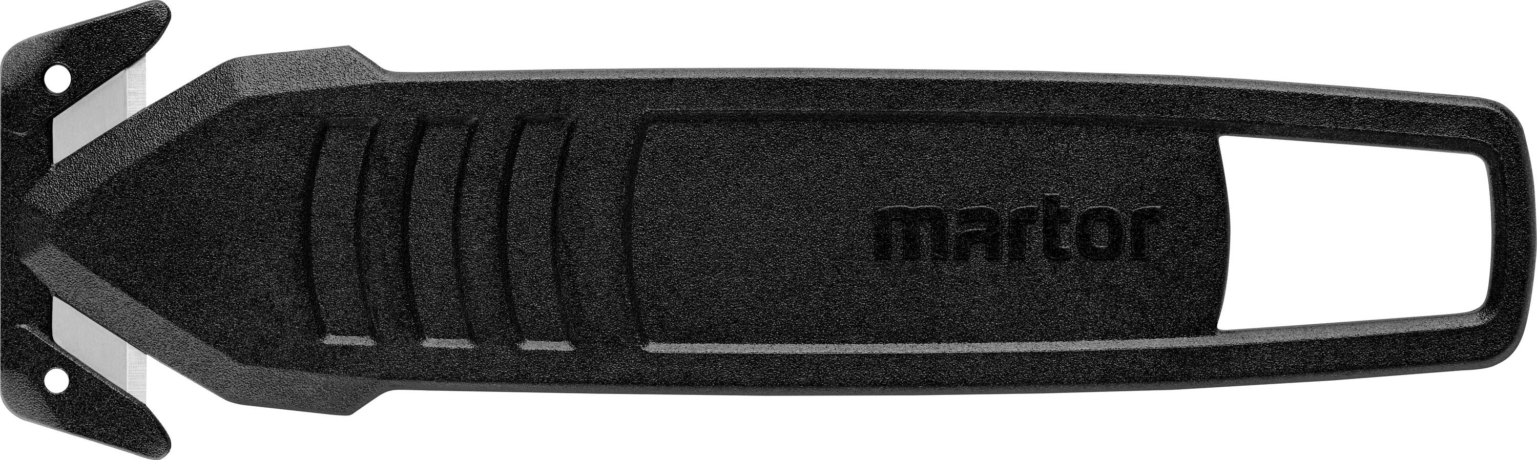 Black and grey safety belt cutter with a plastic handle and sharp steel blade. Ideal for emergency situations in a vehicle.
