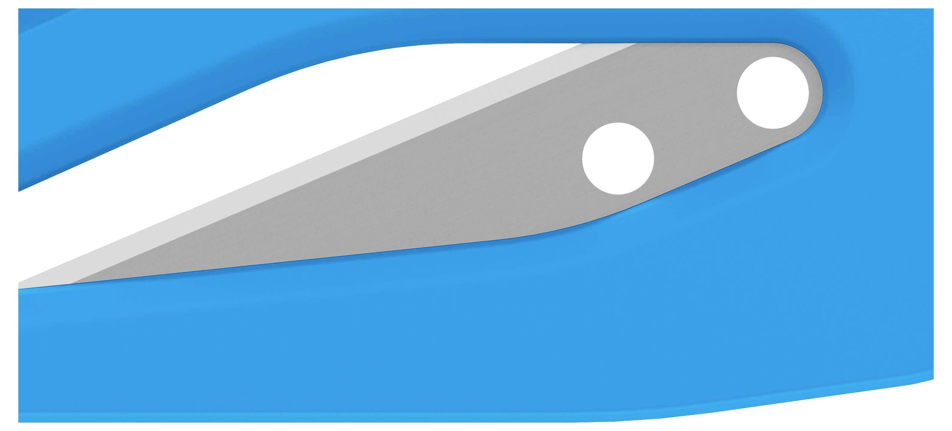 Close-up of a blue pair of scissors, partially open. The focus is on a sharp, silver blade area.